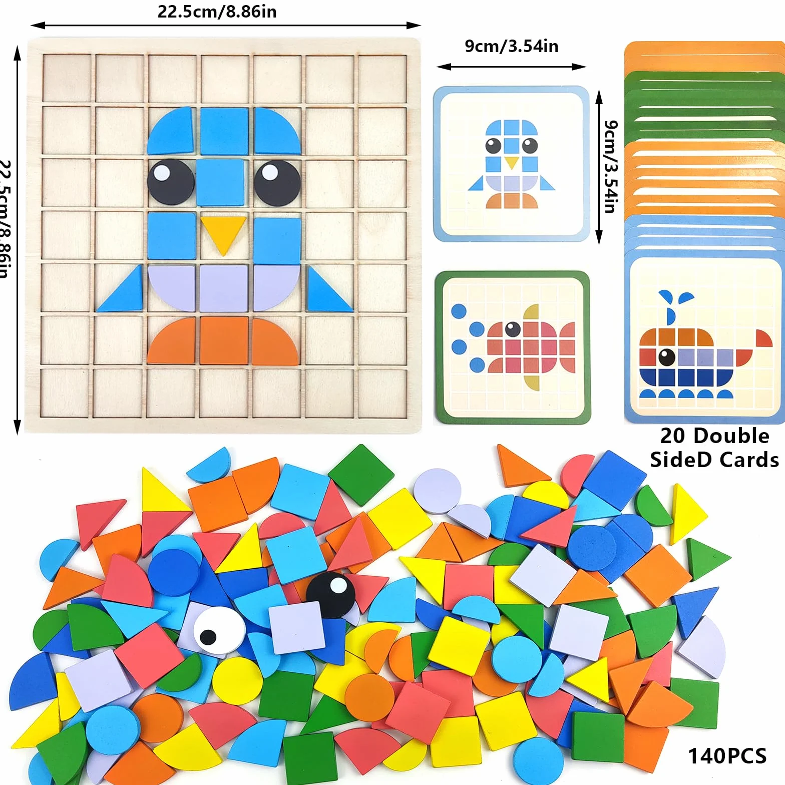 Tangram Drewno, edukacyjna gra mozaikowa dla dzieci 3-6 lat, puzzle kolorów i kształtów, 140 sztuk, 20 kart, gry Montessori, prezent urodzinowy