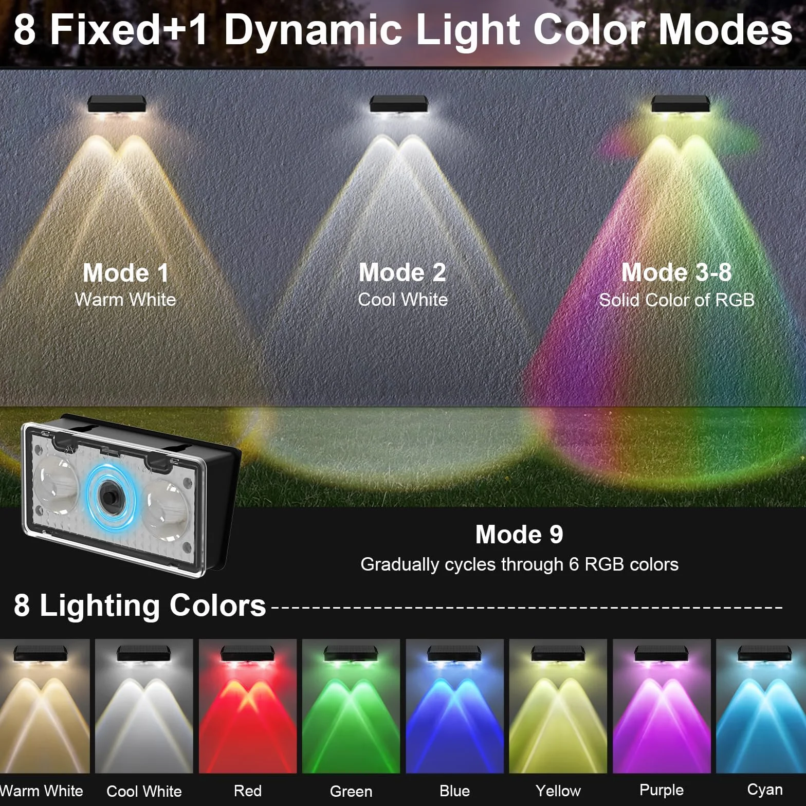 4 x solarna lampa solarna do użytku na zewnątrz, wodoodporna lampa solarna z 4 trybami ciepłej bieli / zimnej bieli / 2 trybami RGB, oświetlenie ogrodowe LED, na taras, ścianę, schody