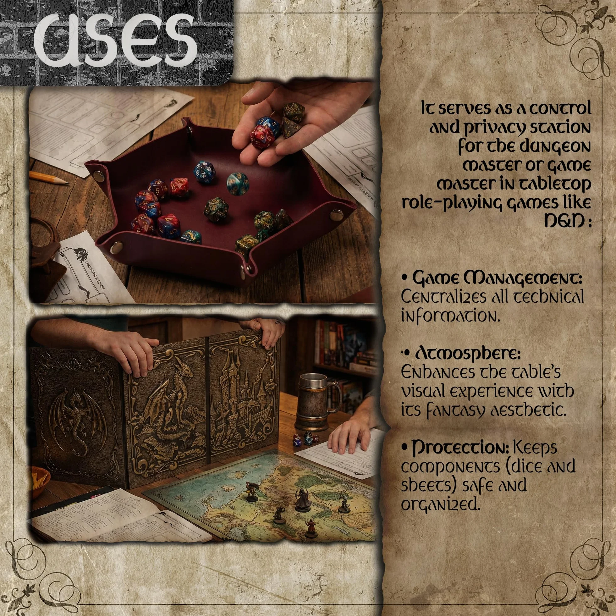 Ekran Dungeon Master z tacą na kości DOJA Hobbies, DM Screen DnD Składany 4 Panele Syntetyczna Miedziana Skórzana Z Dostosowanymi Kieszeniami, Lochy i Smoki Role Play Akcesoria