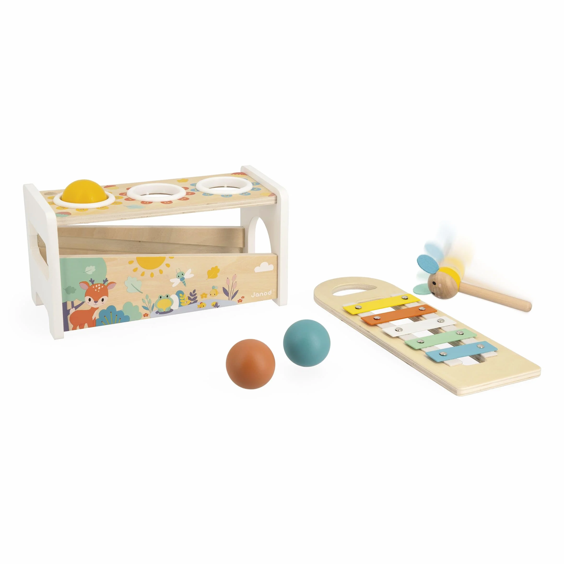 Janod Tap Tap Xylo Pure 2-in-1 Baby Musical Instrument - Awakening and Educational Game - Wooden Toy with 3 Balls + Hammer + Xylophone - From 12 Months Old, J05155