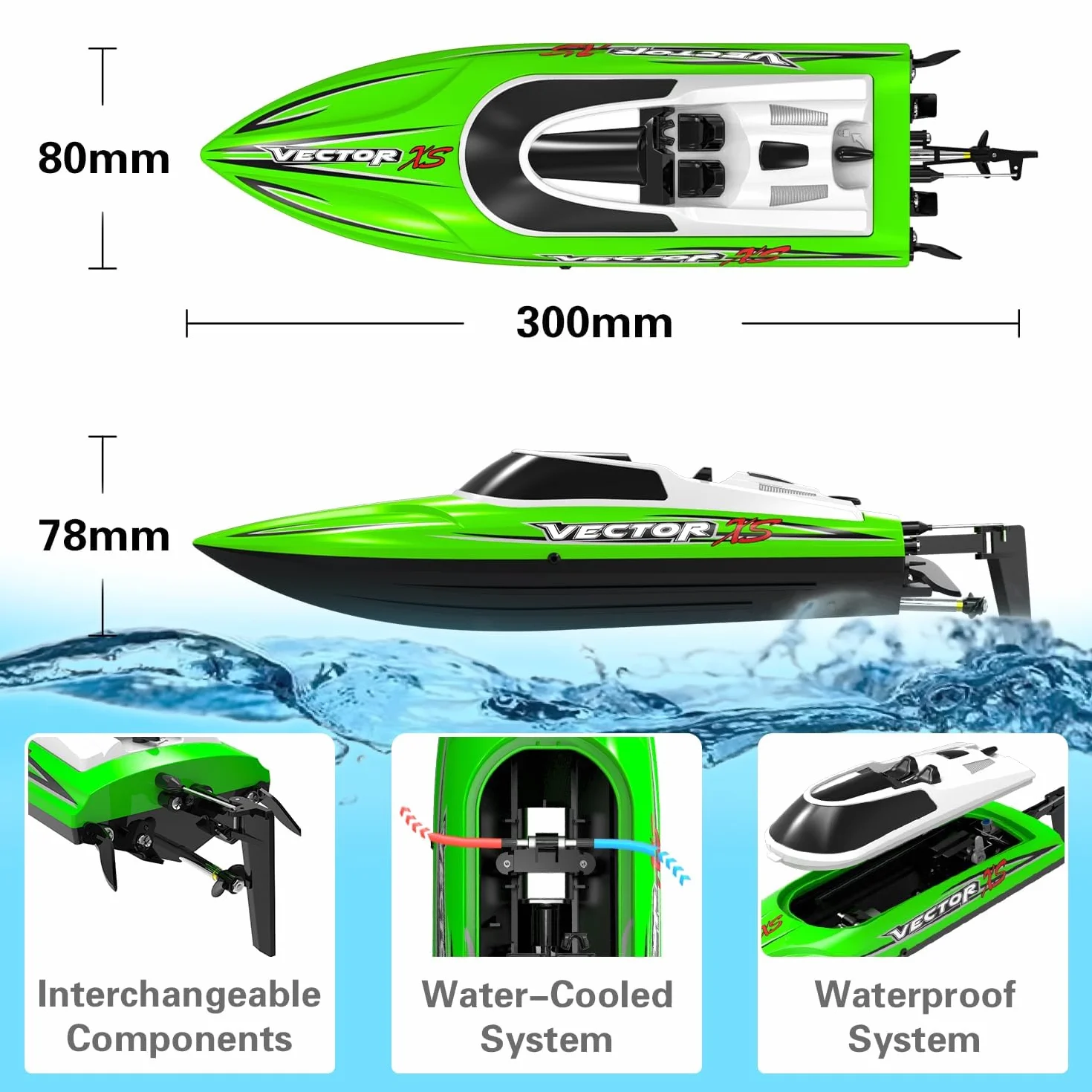 VOLANTEXRC Łódź RC do basenów i jezior 20 MPH VectorXS High Speed, zdalnie sterowana łódź dla dzieci i dorosłych, samonastawna funkcja RC z 2 bateriami i funkcją odwrotną