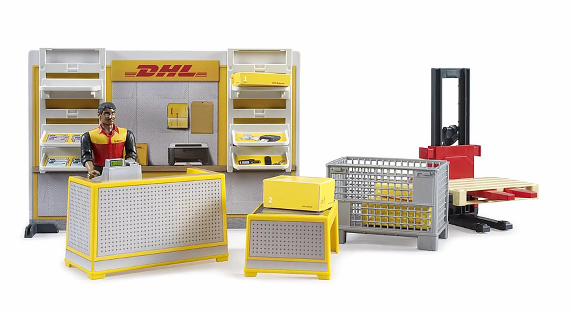 bruder 62251 - Bworld DHL Paketshop z pracownikiem DHL - 1:16 Zabawka, Akcesoria, Poczta, Listonosz, Obsługa paczek, Logistyka, Wysyłka, Zestaw do zabawy