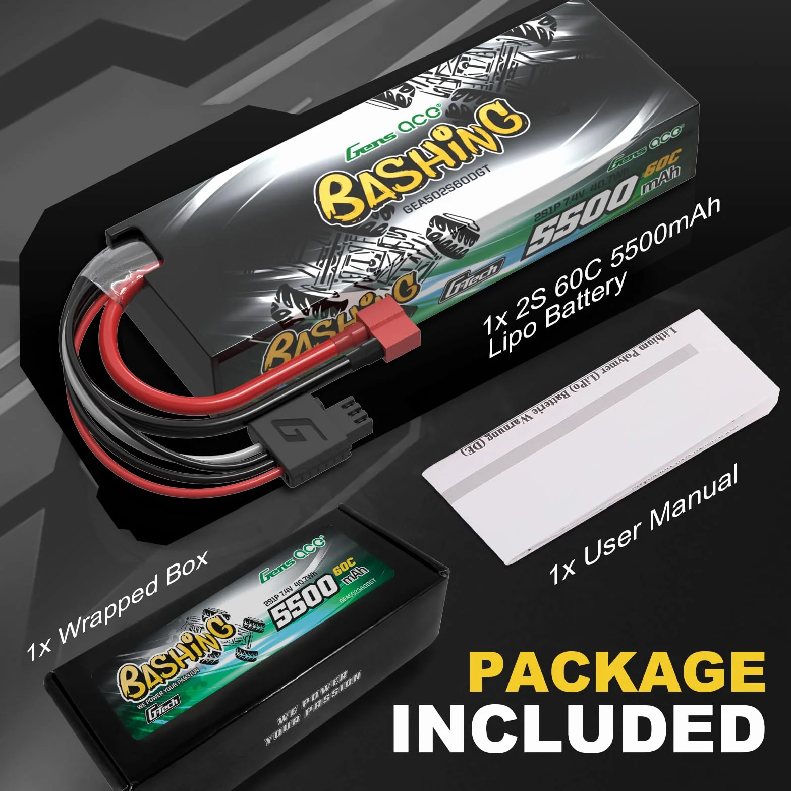 Gens ace 2S bateria Lipo 5000mAh 7.4V 60C bateria z wtyczką T Deans Connection Dla większości samochodów RC w skali 1/7 1/8 1/10