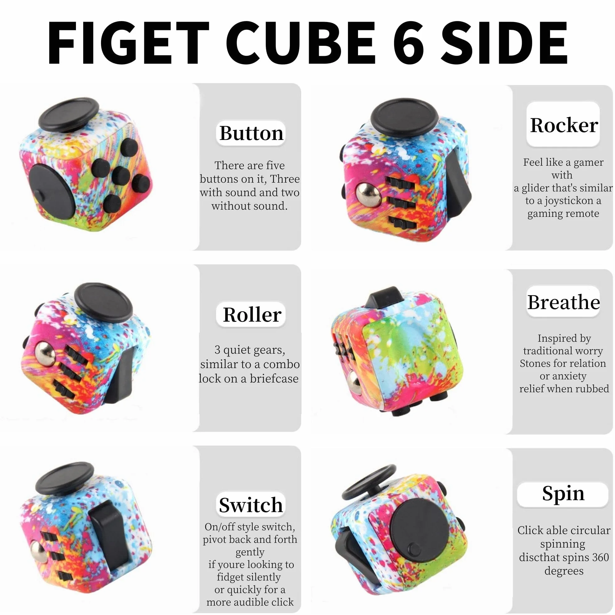 Yeefunjoy Zabawka antystresowa, kostka Fidget z 6 modułami kojącymi, zabawka Fidget z palcami, zabawka Fidget do nauki i pracy, prezent dla dorosłych, dzieci, nastolatków