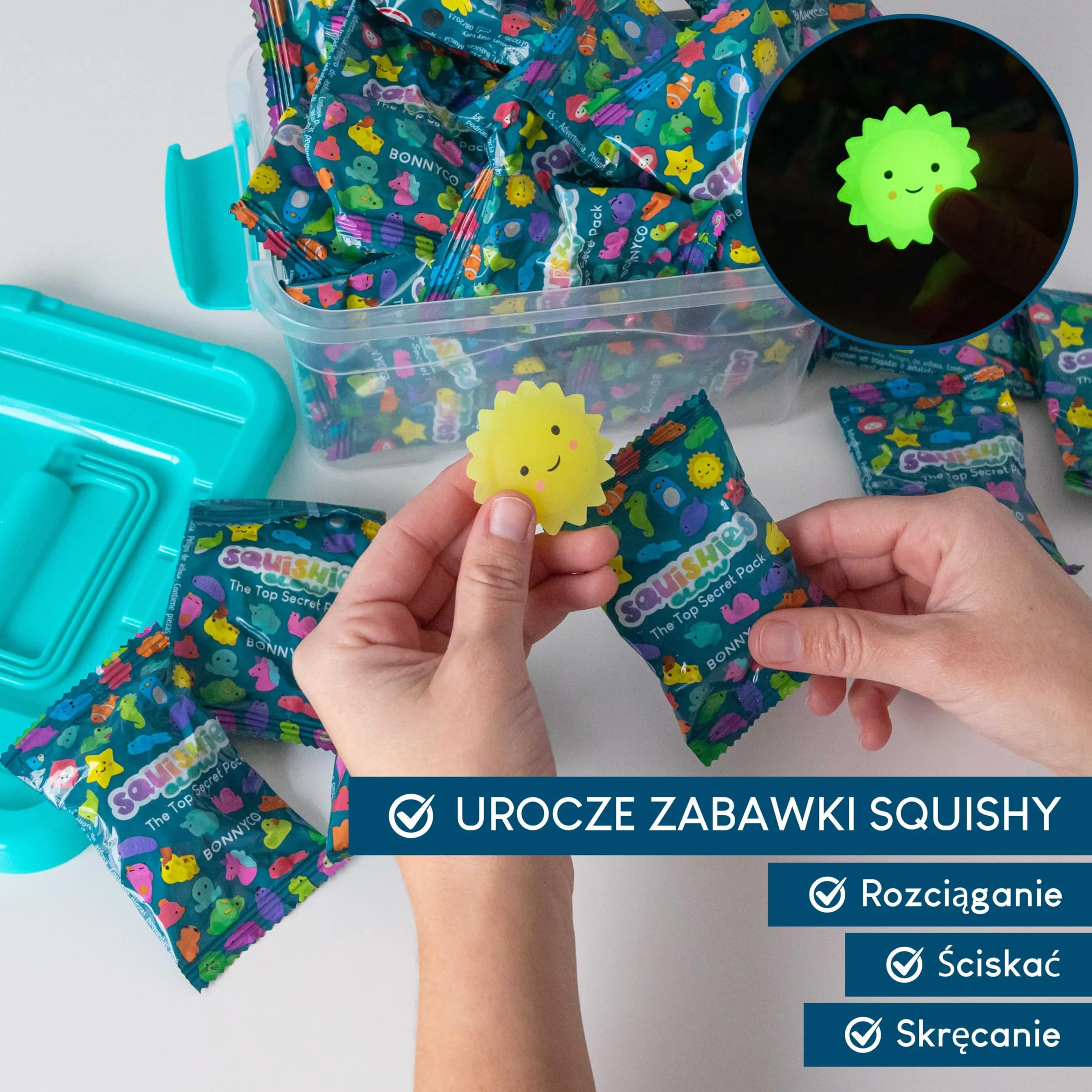 BONNYCO Zabawki Mochi Squishy do Toreb na Prezenty Pakiet 40. Upominki na Przyjęcia Świecą w Ciemności, Wypełniacze Torebek dla Dzieci Unisex. Zabawki Squishy Fidget, Wypełniacz Piniaty Kawaii