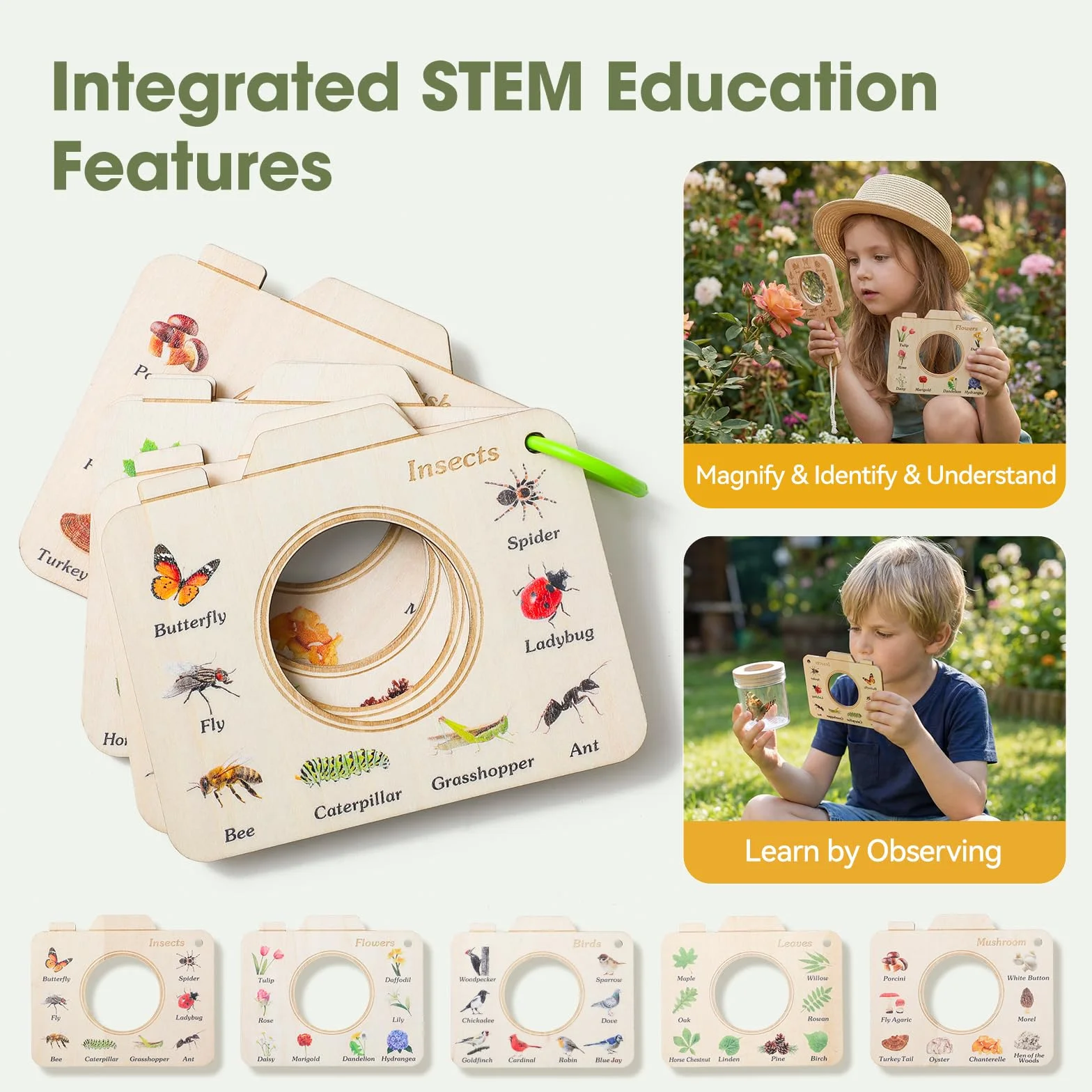 WOODEN TEETHER 9-częściowy zestaw badaczy z litego drewna dla dzieci, zabawka outdoorowa z łapaczem owadów, lupa dla dzieci, kompas, lupa kubekowa, kemping, eksploracja natury, prezent dla chłopców i