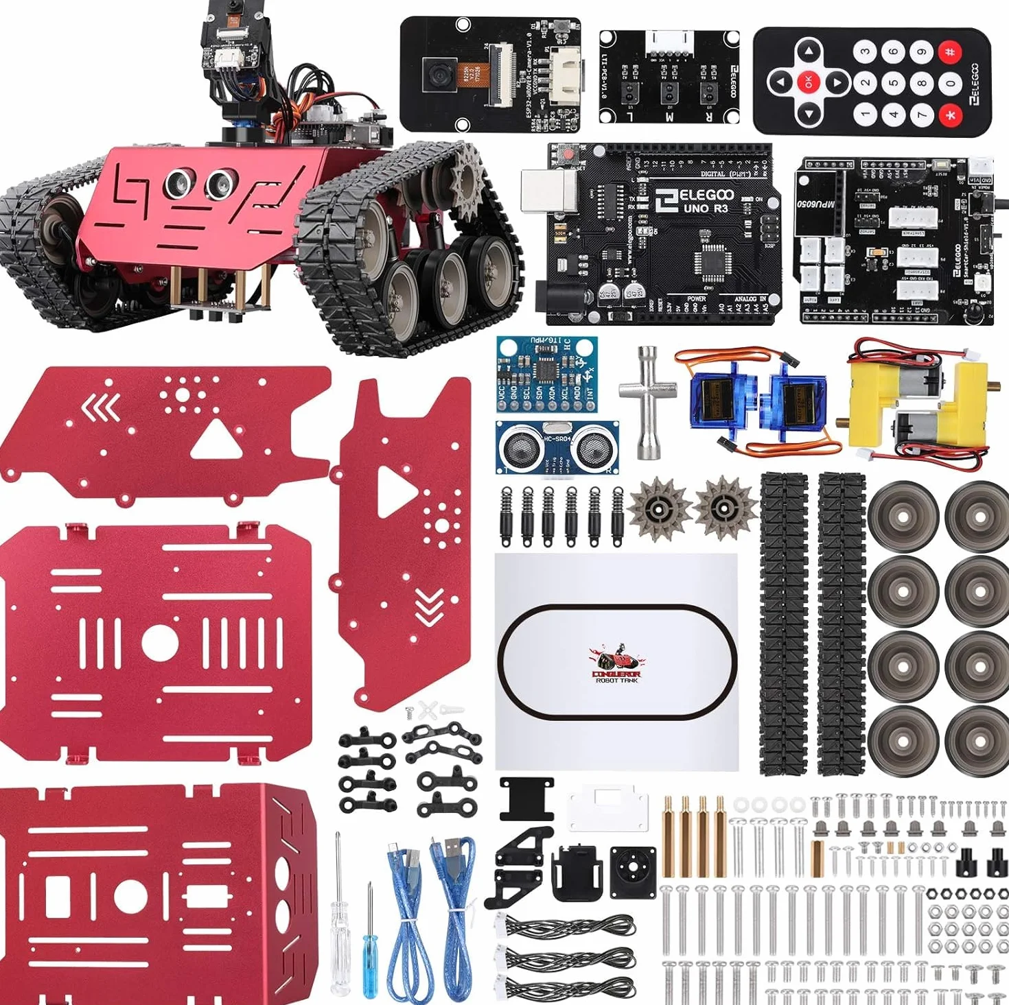 ELEGOO Smart Robot Tank Kit kompatybilny z Arduino IDE zestaw klocków elektronicznych z UNO R3, czujnik ultradźwiękowy, moduł Bluetooth, moduł kamery, robot samochodowy, zabawka dla dzieci