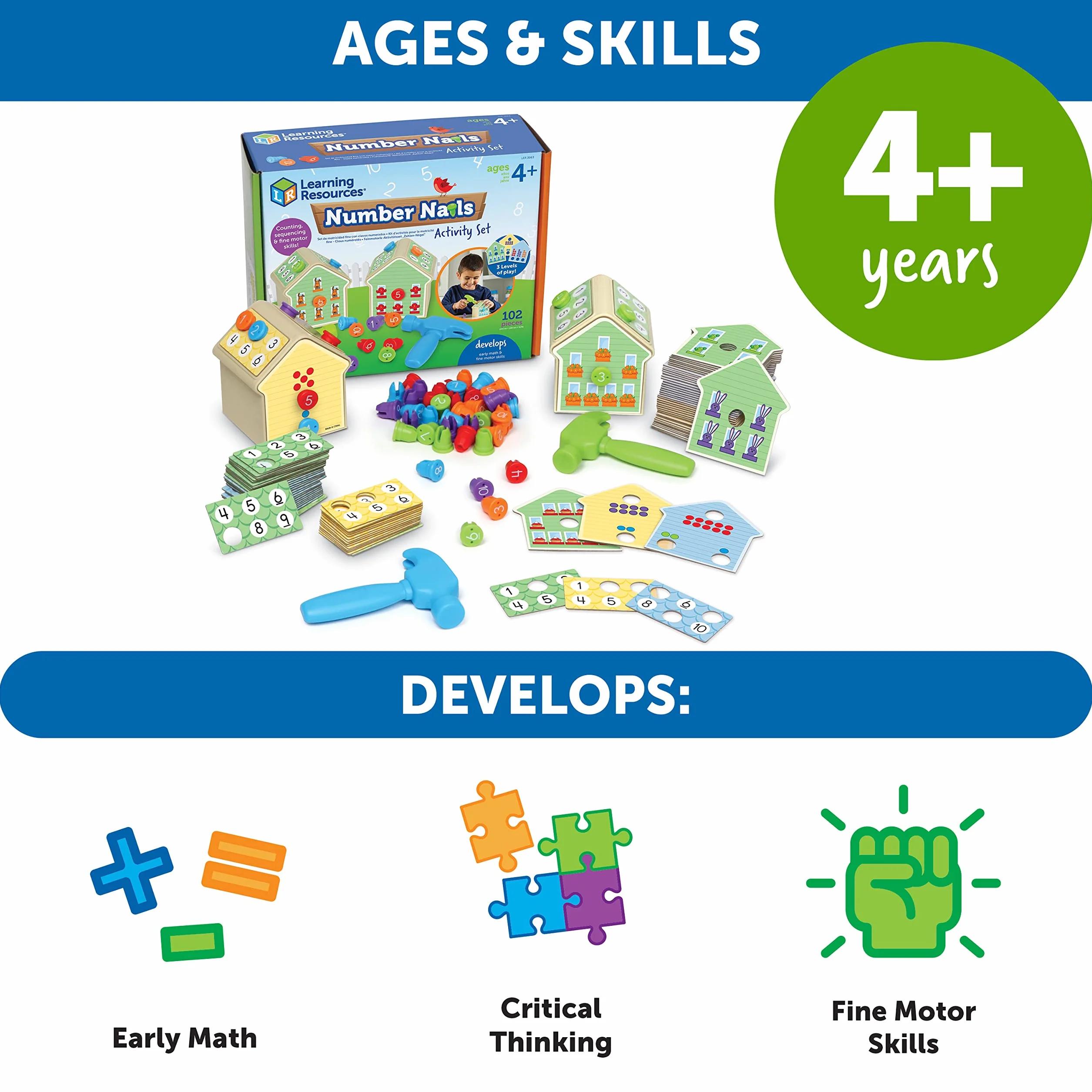 Learning Resources Zestaw ćwiczeń z numerami paznokci, od 4 lat, gry matematyczne dla dzieci, gry przedszkolne, 102 sztuki