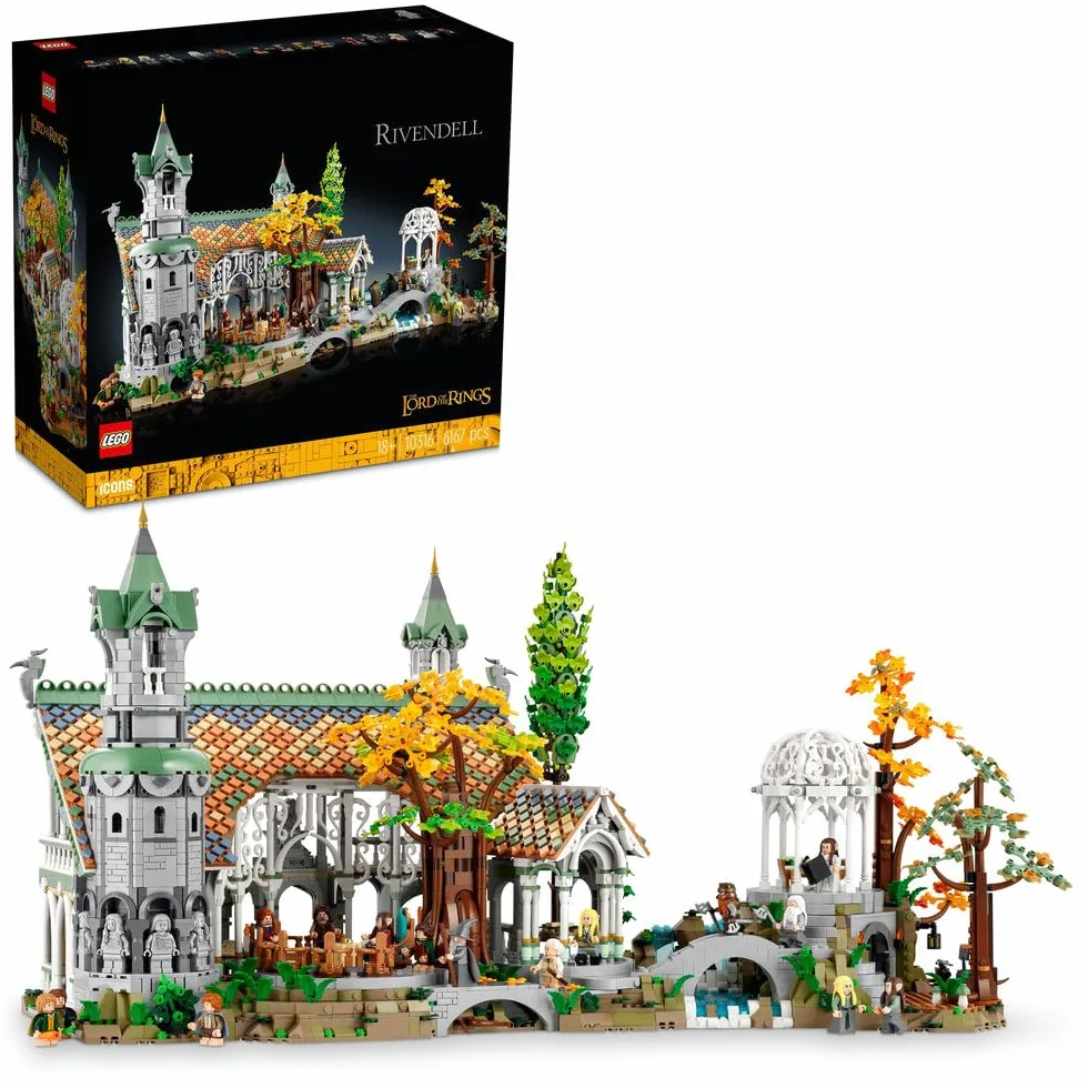 LEGO 10316 Icons WŁADCA PIERŚCIENI: RIVENDELL, duży zestaw klocków konstrukcyjnych dla dorosłych z 15 minifigurkami, w tym Frodo, Sam i Bilbo Baggins, replika Rivendell, pomysł na prezent