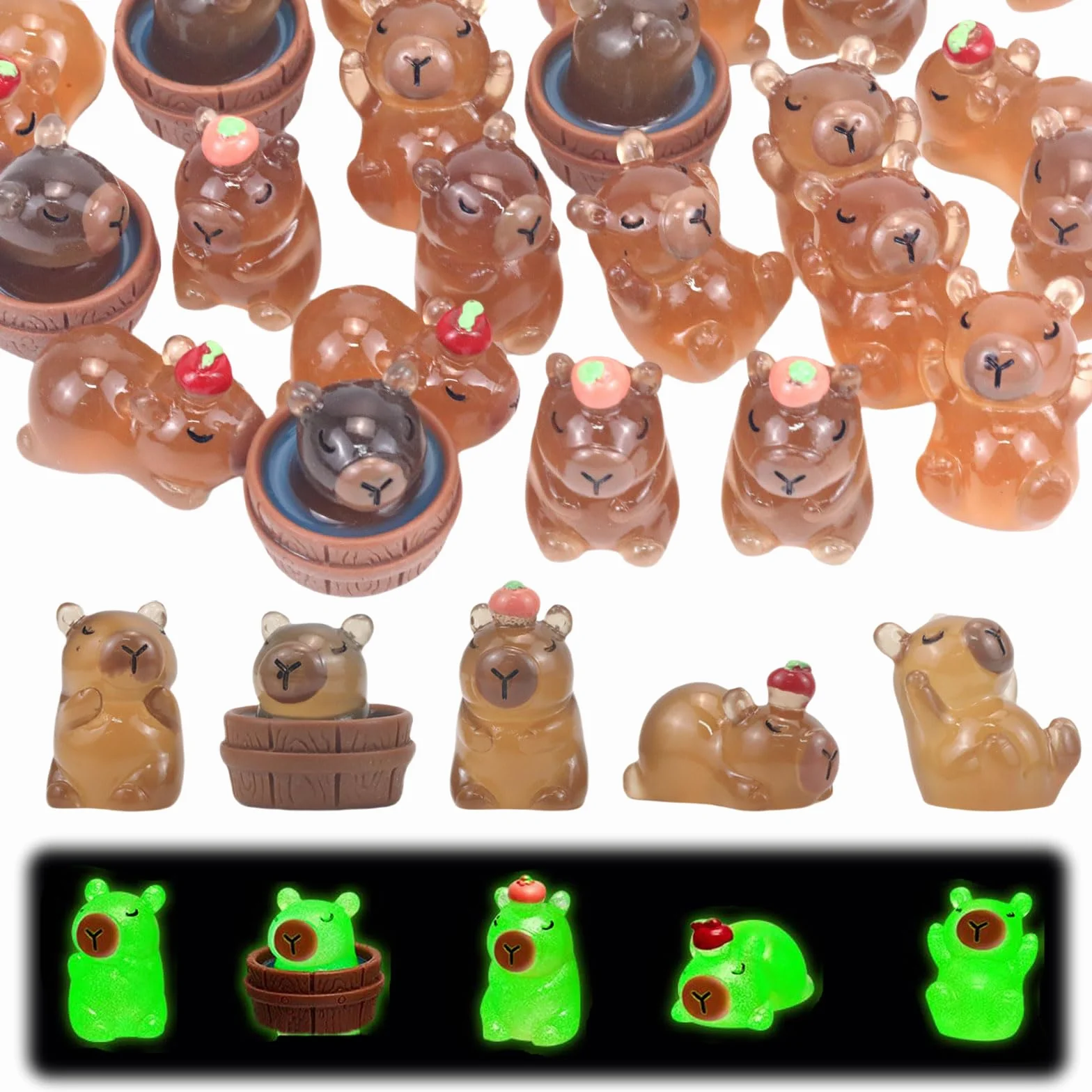 GlamRays Zestaw 30 świecących minifigurek kapibara z żywicy świecąca kapibara mini zabawka prezenty biurko blat do użytku na zewnątrz dekoracja rzemieślnicza