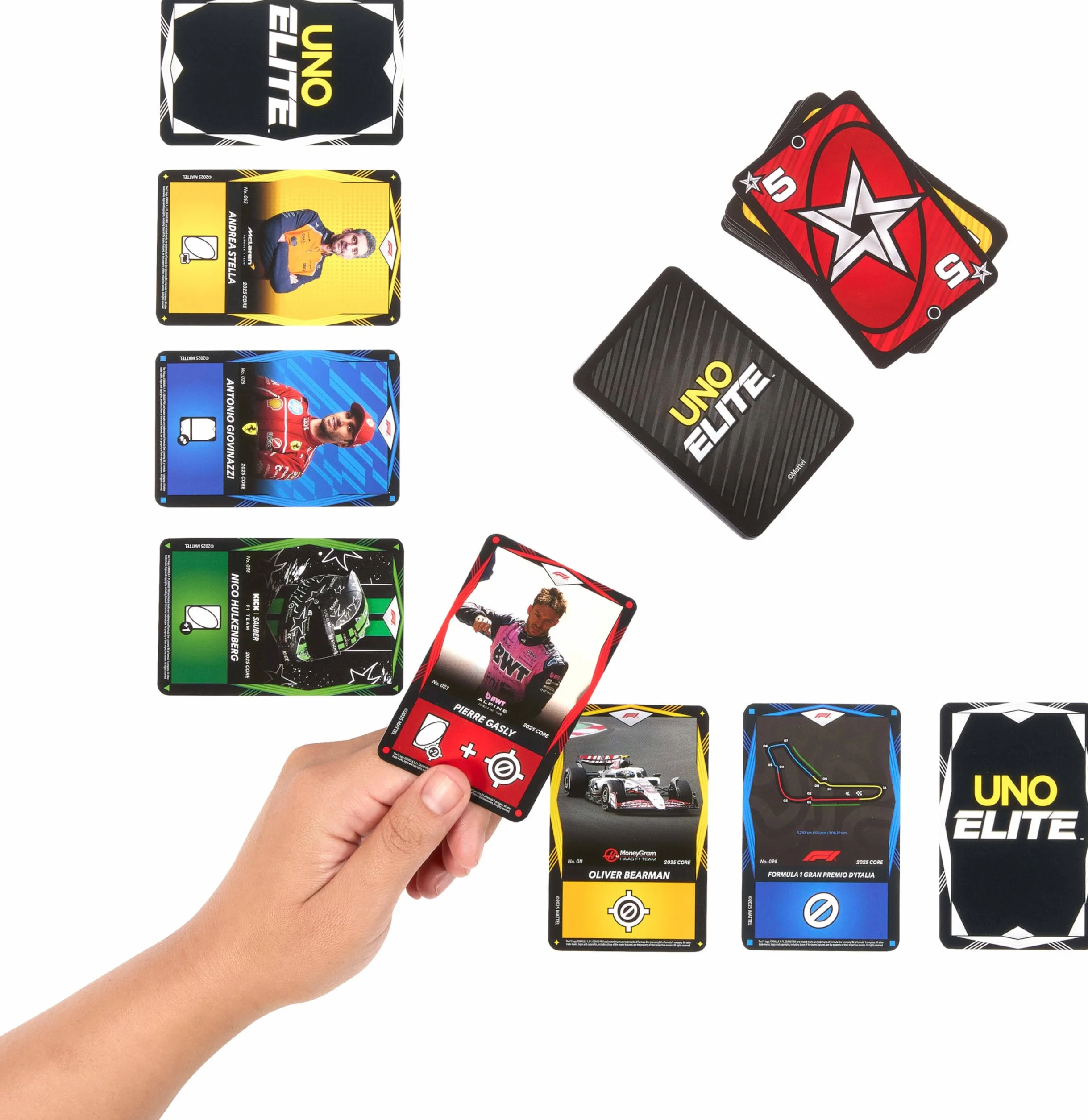 Mattel UNO Elite Formuła 1 2025 Edycja podstawowa Starter Pack Zestaw startowy; gra karciana, 4 Booster Packi i 2 karty Promo, towarzyska i rodzinna gra dla fanów i dzieci 7+, JLV42