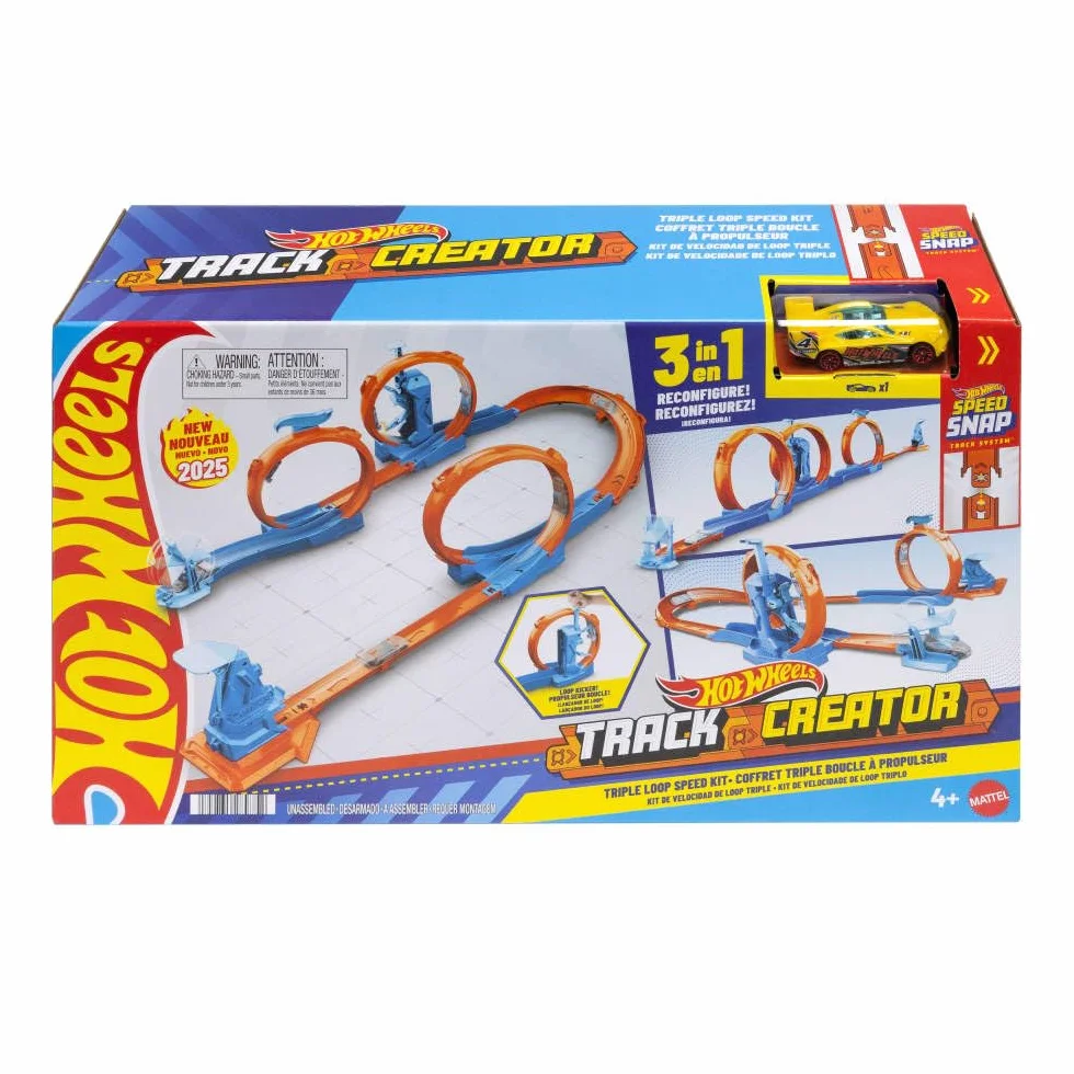 Hot Wheels Track Creator Tor wyścigowy Trzy pętle Zestaw do zabawy: samochód zabawka w skali 1:64, elementy do zbudowania toru z 3 pętlami, system torów Speed Snap Szybki klik i adaptery, JDW39