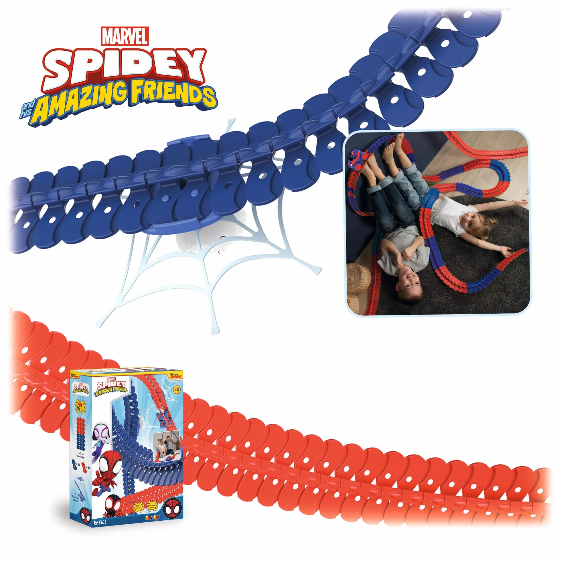 Smoby - Spidey - FleXtreme - Uzupełnienie torów - 1m72 dodatkowego toru samochodowego - 72 elastyczne i modułowe tory + 2 przyssawki do mocowania - od 4 lat