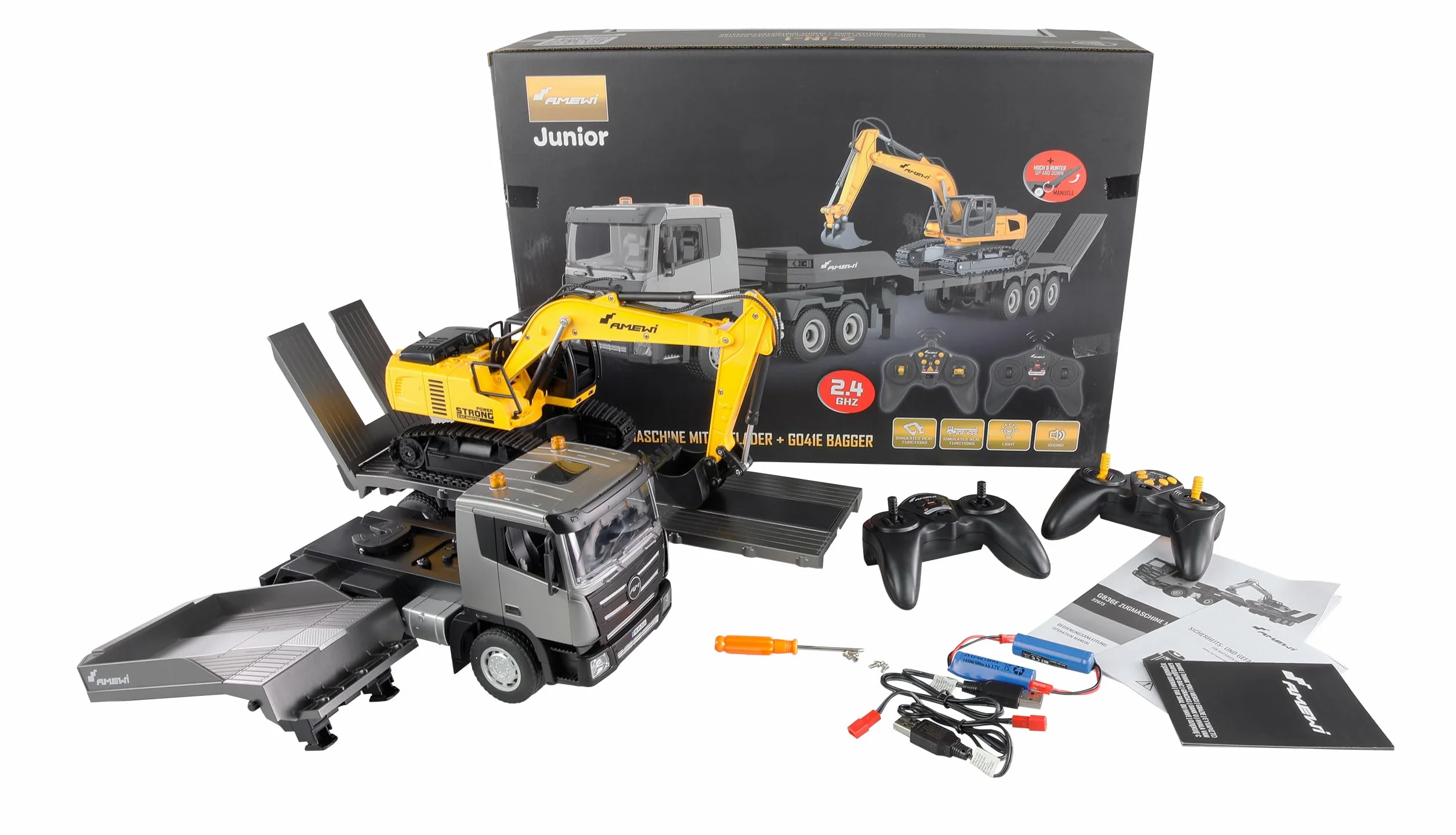Amewi Zestaw ciężarówek 2 w 1 z niską i koparką 1:24 RTR zdalnie sterowany RC plac budowy dla dzieci 8 lat, antracyt/czarny/żółty