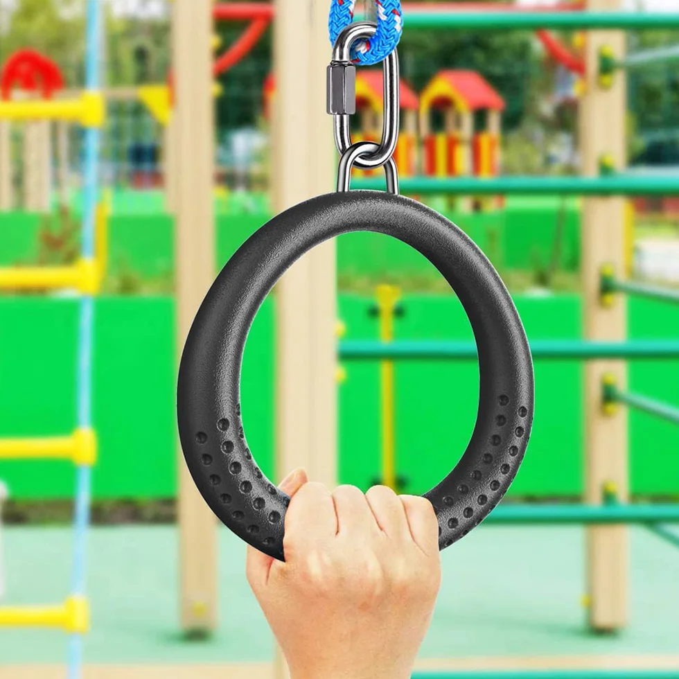 Dolibest 2PCS Round Trapeze Swing Bar Rings with Carabiners, Swingset Accessories Outdoor for Ninja Swing Set Accessories Monkey Ring, Obstacle Ring Swing Toys Set for Kids Black