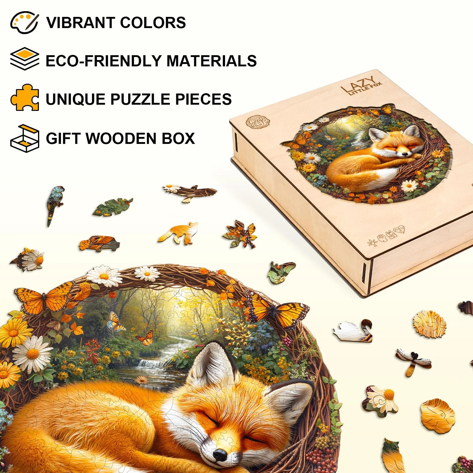 Drewniane puzzle dla dorosłych leniwy mały lis - 200 elementów, okrągłe puzzle, pudełko na prezent, dekoracja ścienna (dorośli/dzieci)