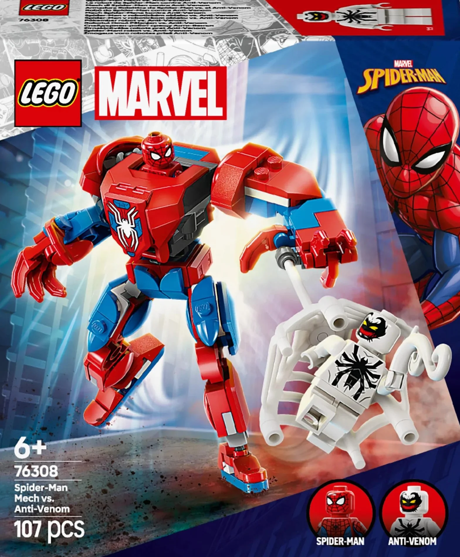 LEGO Marvel Mech Spider-Mana kontra Anti-Venom, Figurka Akcji do Zbudowania, Zabawka Konstrukcyjna dla Dziecka, dla Chłopców i Dziewczynek do Odgrywania Ról, Pomysł na Prezent dla 6-latka 76308