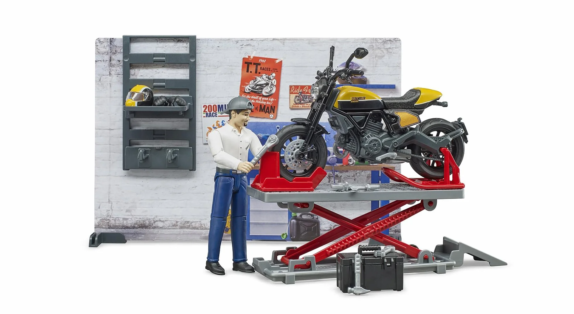 bruder 62102 - bworld warsztat motocyklowy Scrambler Ducati Full Throttle z mechanikiem, warsztat, zabawkowa figurka