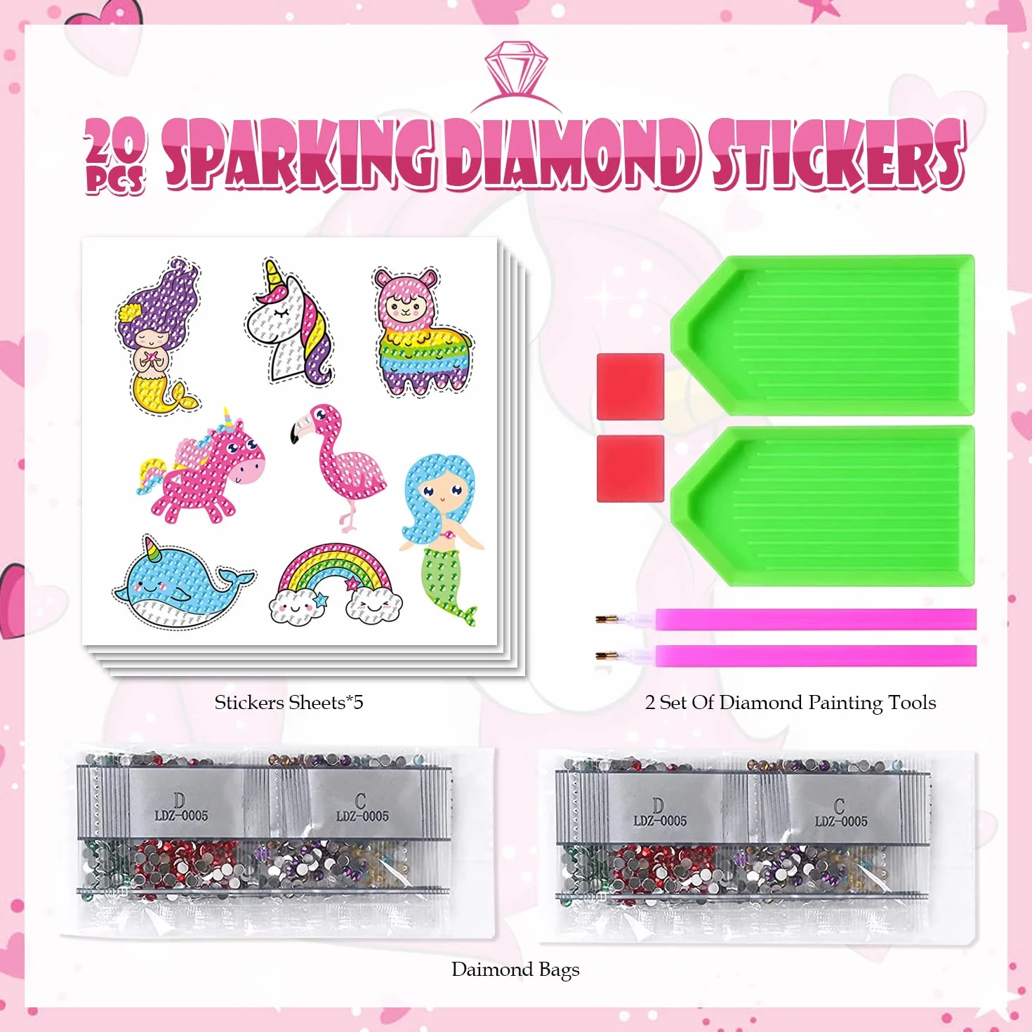 Diamentowe Naklejki do Malowania, CAYUDEN 20 szt. Jednorożec Diamond Painting Stickers Dzieci 5D DIY Diamentowe Naklejki Dzieci Dziewczyny Syrenka Zestaw do Malowania Diamentami Króliczki dla Dzieci