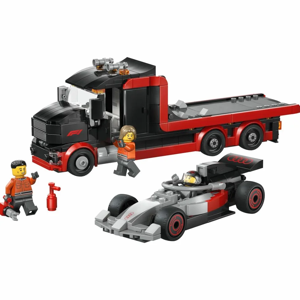 LEGO City Ciężarówka F1 z bolidem Audi F1, zabawka dla dzieci do zbudowania, pomysł na prezent dla 7-latka, dla chłopca i dziewczynki na urodziny, ozdoba na biurko dla fana wyścigówki z klocków 60493