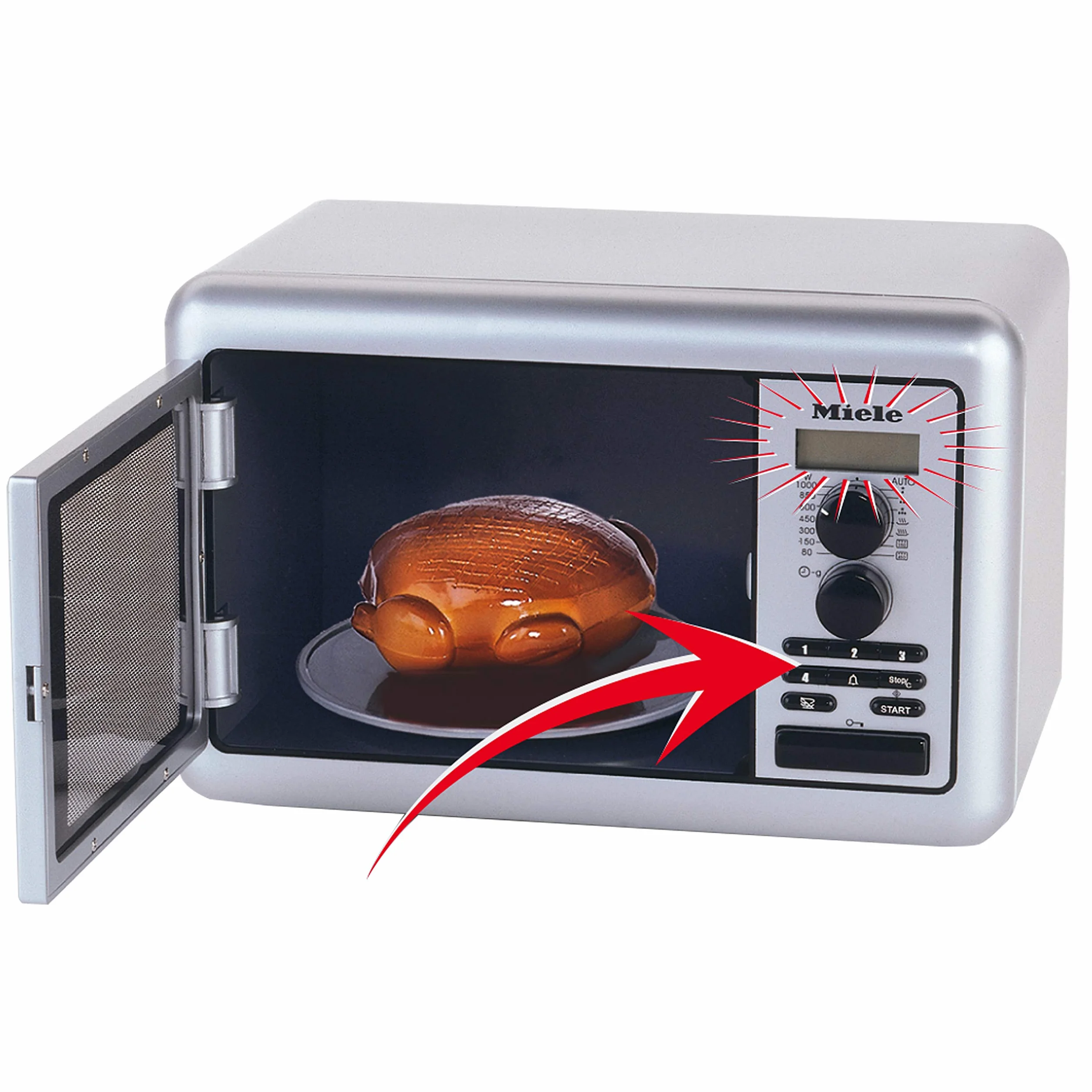 Theo Klein 9492 Miele kuchenka mikrofalowa dla dzieci | Obrotowy talerz zasilany bateriami | Timer z 3-stopniowym ustawieniem czasu i sygnałem dźwiękowym | Zabawka dla dzieci od 3 lat