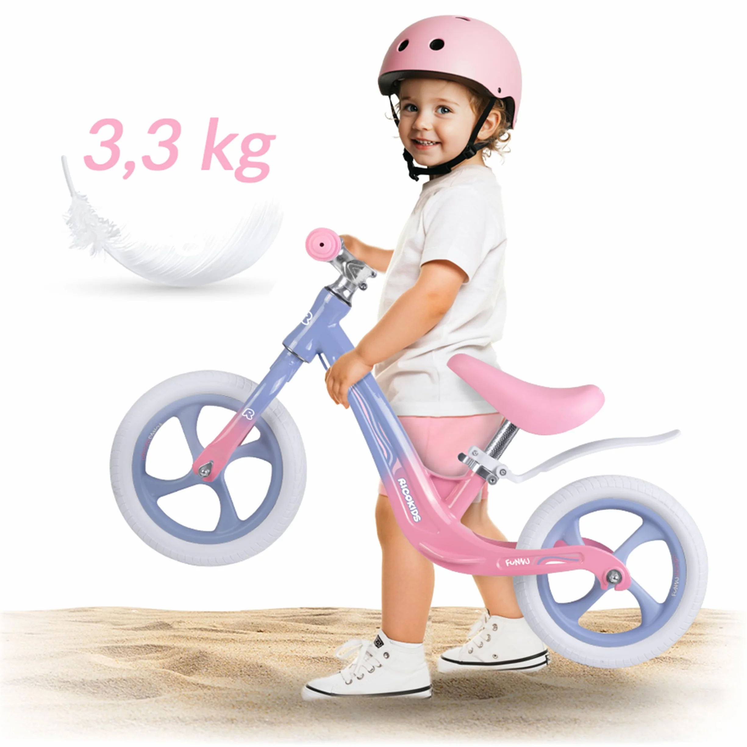 Ricokids Rowerek Biegowy dla Dzieci - Regulowane Siodełko - Opony PU 12'' Odporne na Przebicia - Funnu Niebieski Różowy
