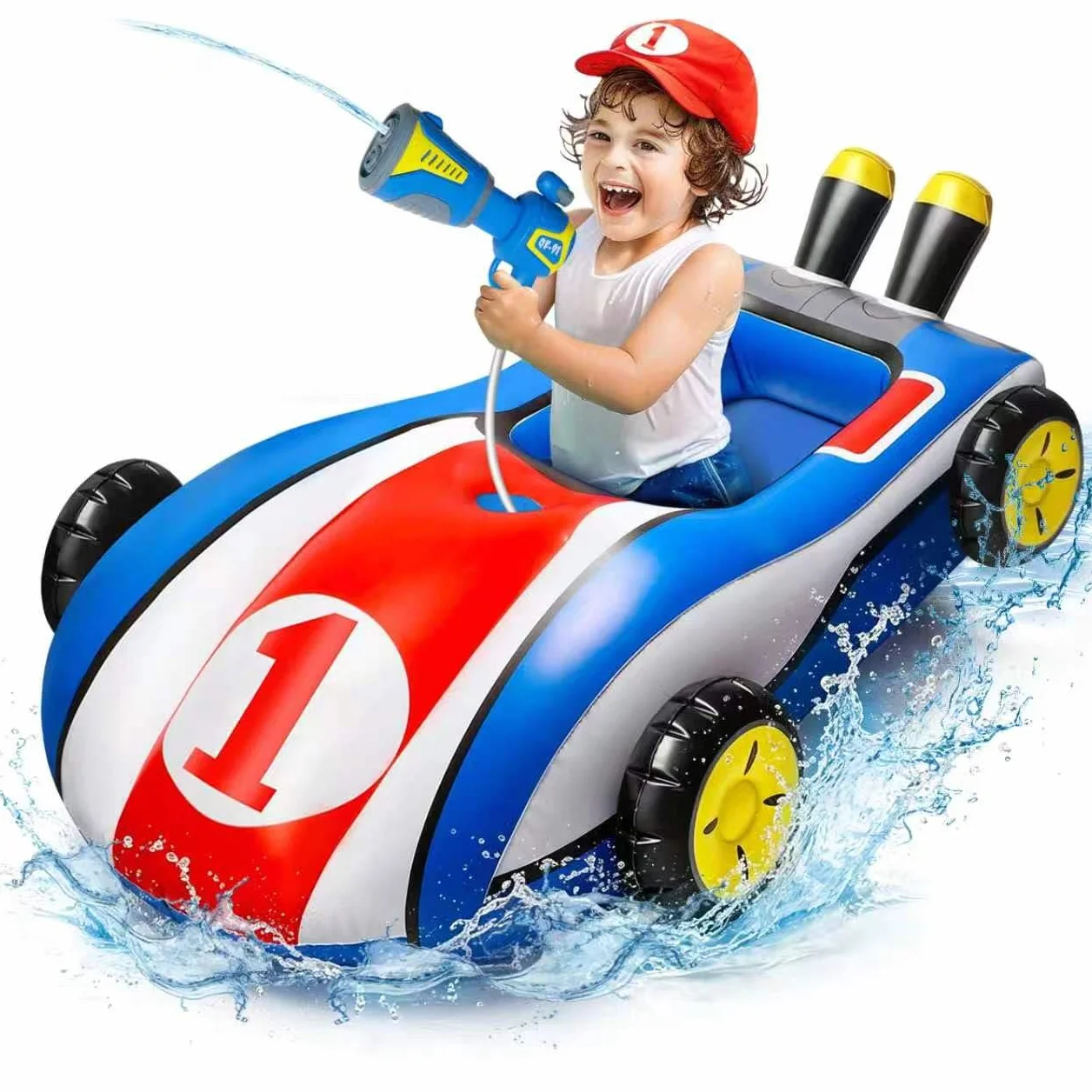 Shinybox Pływaki basenowe dla dzieci z pistoletem na wodę, pomoc w pływaniu Go-Kart dla dzieci, nadmuchiwany pływak do letnich gier wodnych