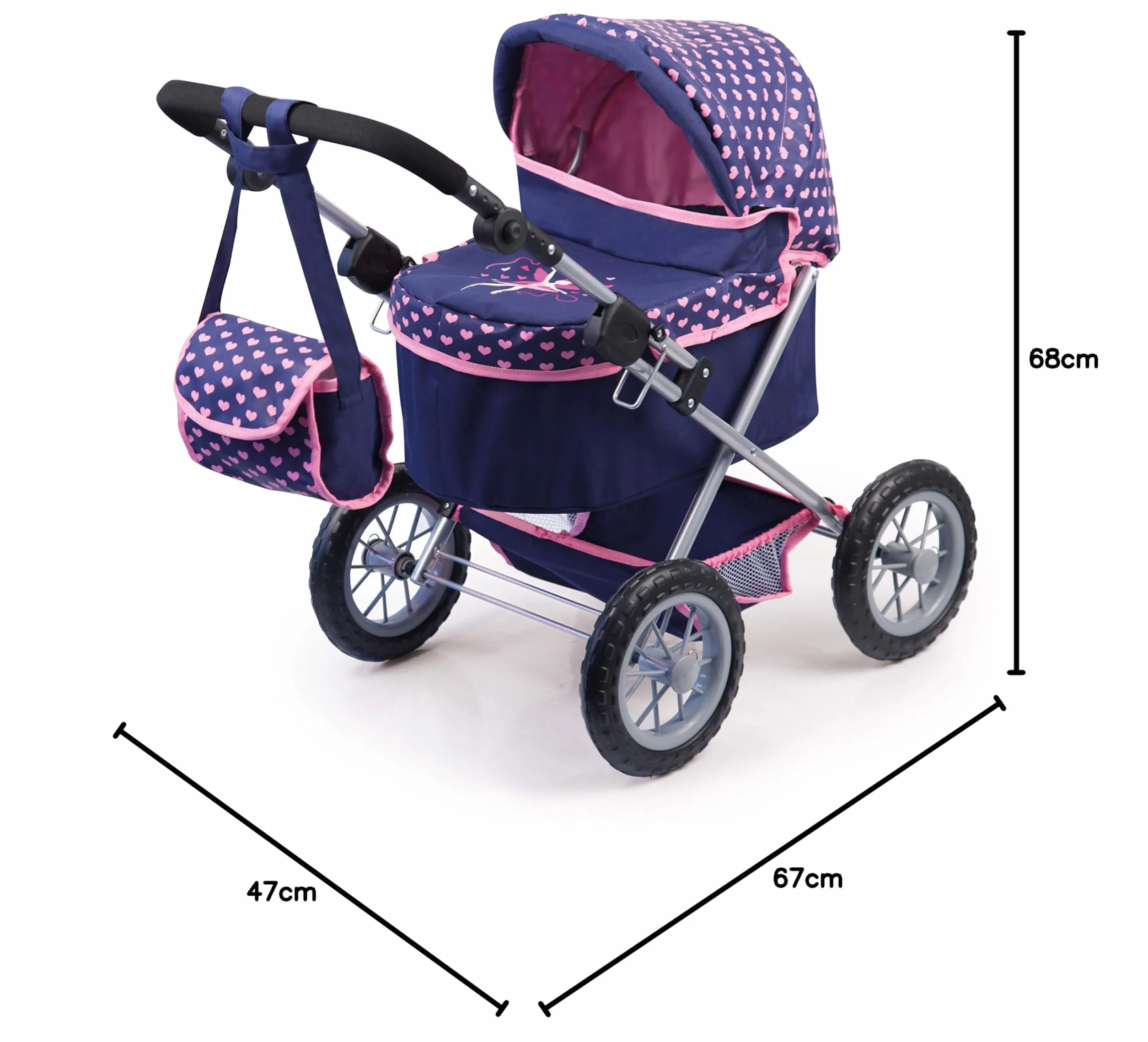 Bayer Design 13052AA Wózek dla lalek Trendy z torbą, regulowaną rączką, składany, zintegrowanym koszem, dużymi kołami, dla chłopców i dziewczynek od 3 lat