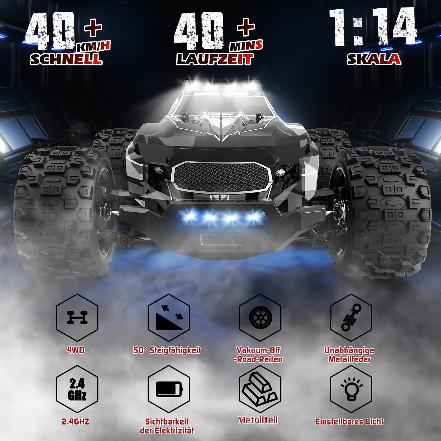 Zdalnie sterowany samochód, 1/14 RC samochód z 7 kolorami światła, 40 km/h, monstertruck Rc Truck, 2,4 GHz Rc Auto Offroad z dwoma bateriami, 4WD wodoszczelny RTR All Terrain, RC Buggy dla dzieci i