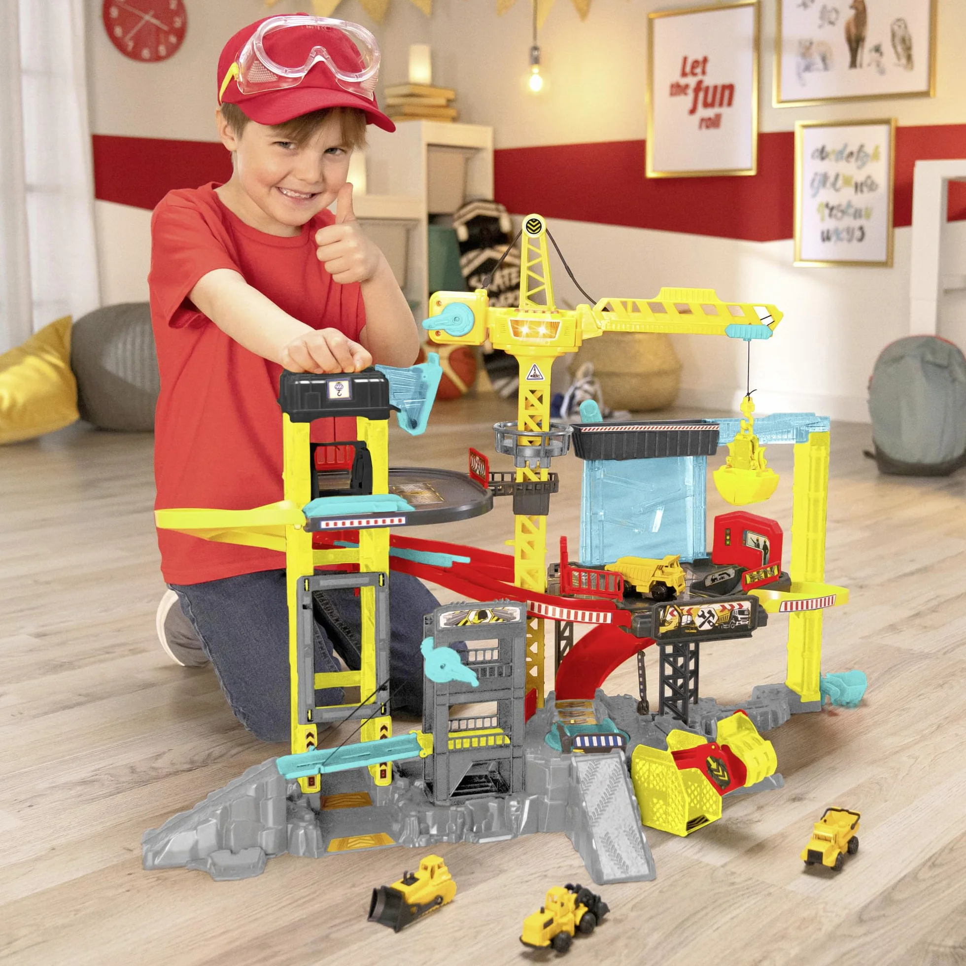 Dickie Toys - Zabawka budowlana – duży zestaw do zabawy z dźwigiem, 4 pojazdy na placu budowy, oświetlenie, dźwięk, akcesoria i wiele funkcji, dla dzieci od 3 lat, 79 x 52 x 42 cm