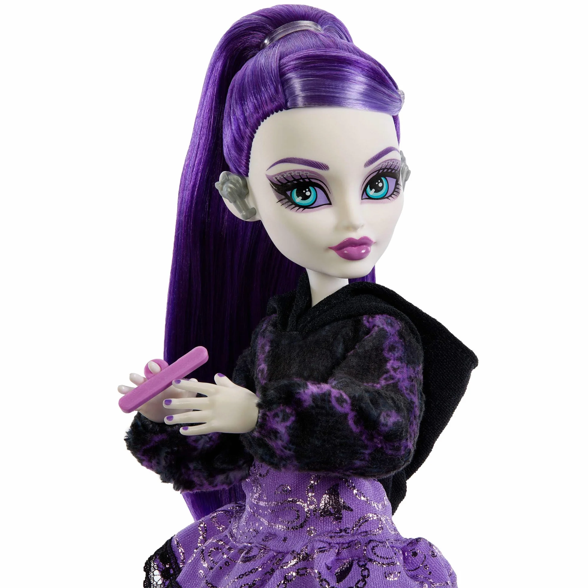 Monster High Straszyrelaks self-care Spectra Vondergeist Zestaw, lalka i akcesoria-niespodzianki, w tym zestaw do „manicure” oraz „gramofon”, zabawka dla dzieci 4+, JHK46