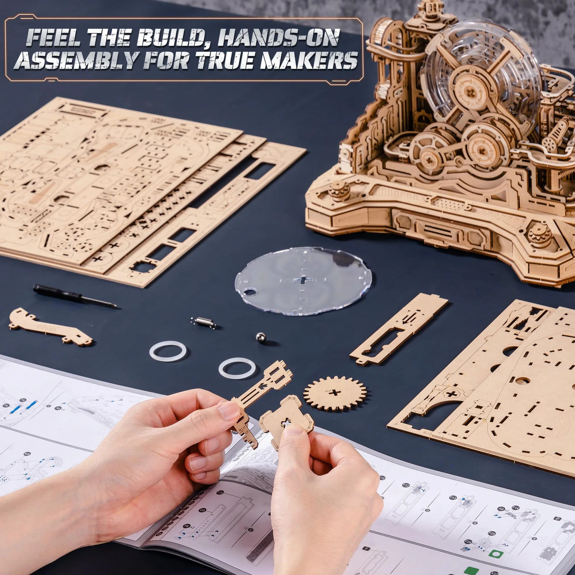 ROBOTIME Drewniane puzzle 3D Gear Ball Challenge - mechaniczny zestaw modeli labiryntu dla dorosłych i nastolatków, 653 szt. zabawka prezent STEM, projekt kontrolera do gier, EGC01