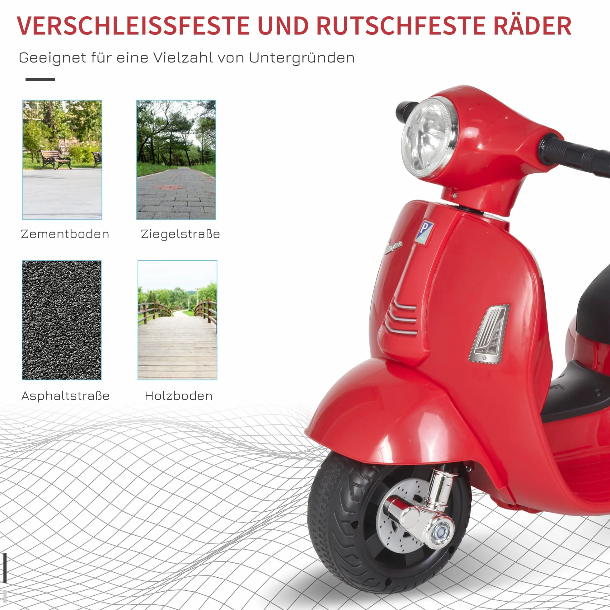 HOMCOM VESPA motocykl elektryczny motocykl dla dzieci pojazd elektryczny 18-36 miesięcy 3 km/h światła LED dźwięk tworzywo sztuczne PP metal kolor czerwony 66,5 x 38 x 52 cm
