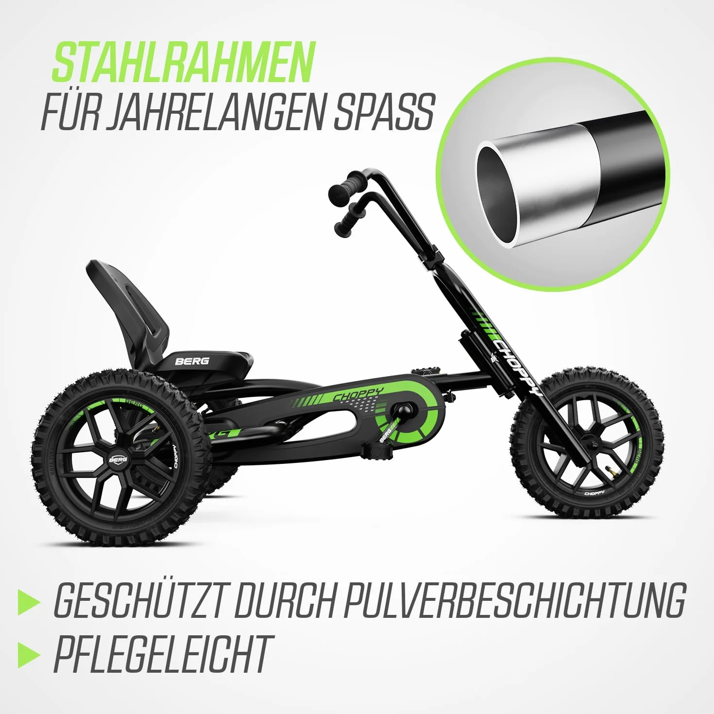BERG Gokart Choppy Neo pojazd dziecięcy, samochód na pedały z optymalnym zabezpieczeniem, 3 opony pneumatyczne i wolny bieg, zabawka dla dzieci w wieku 3-8 lat, czarny