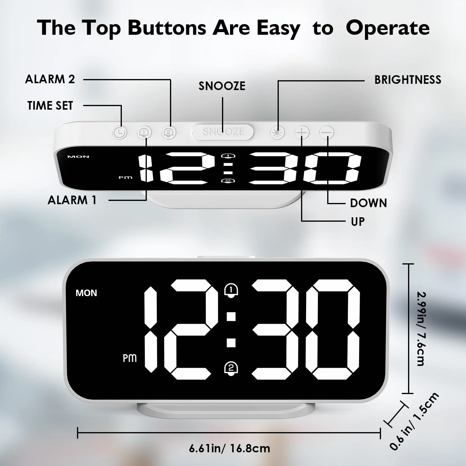 Cyfrowy budzik, LED, lustro, zegar stołowy, ładowany przez USB, budzik podróżny z 2 alarmami, drzemką, drzemką, funkcją sterowania głosem