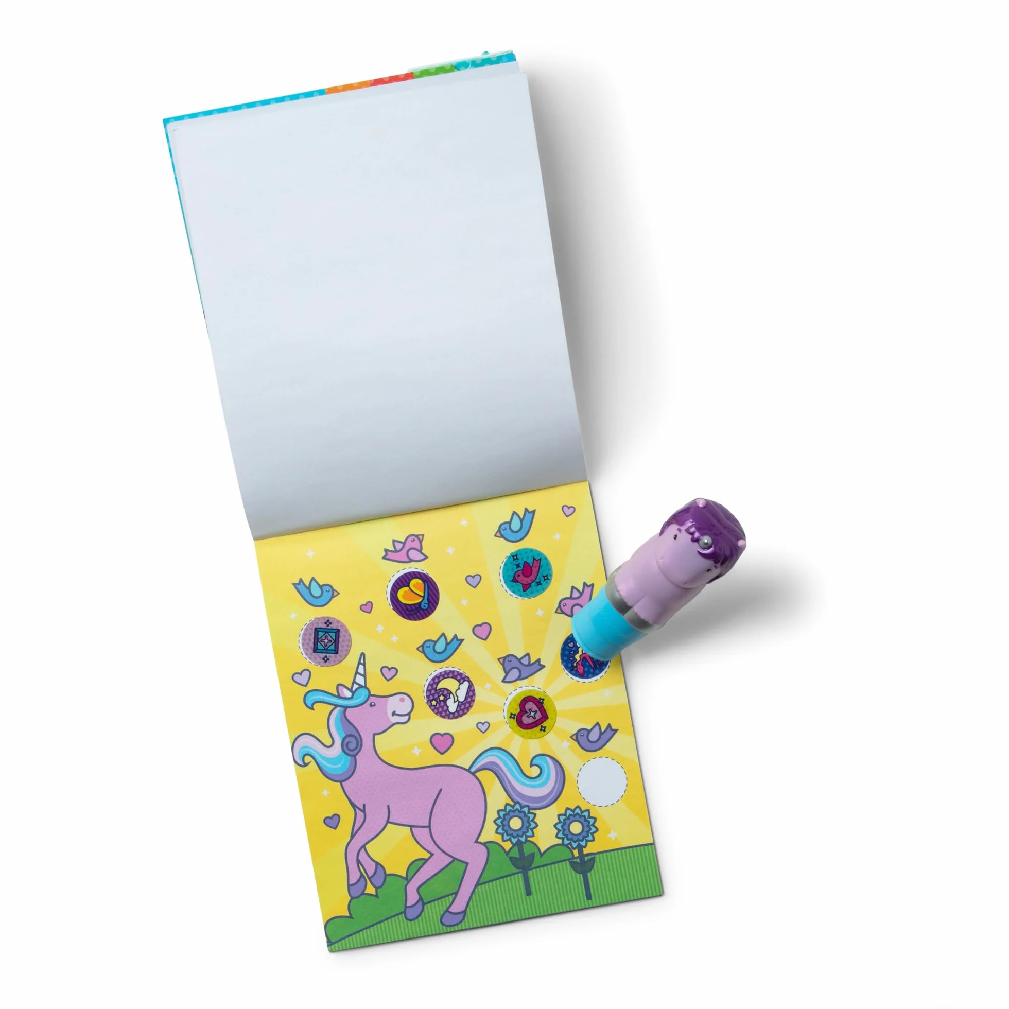 Melissa & Doug Naklejka Wow 24-stronny blok aktywności i pieczątka z naklejkami, 300 naklejek, zabawki dekoracyjne, do majsterkowania i zajęć do kolekcjonowania – błyszczący jednorożec