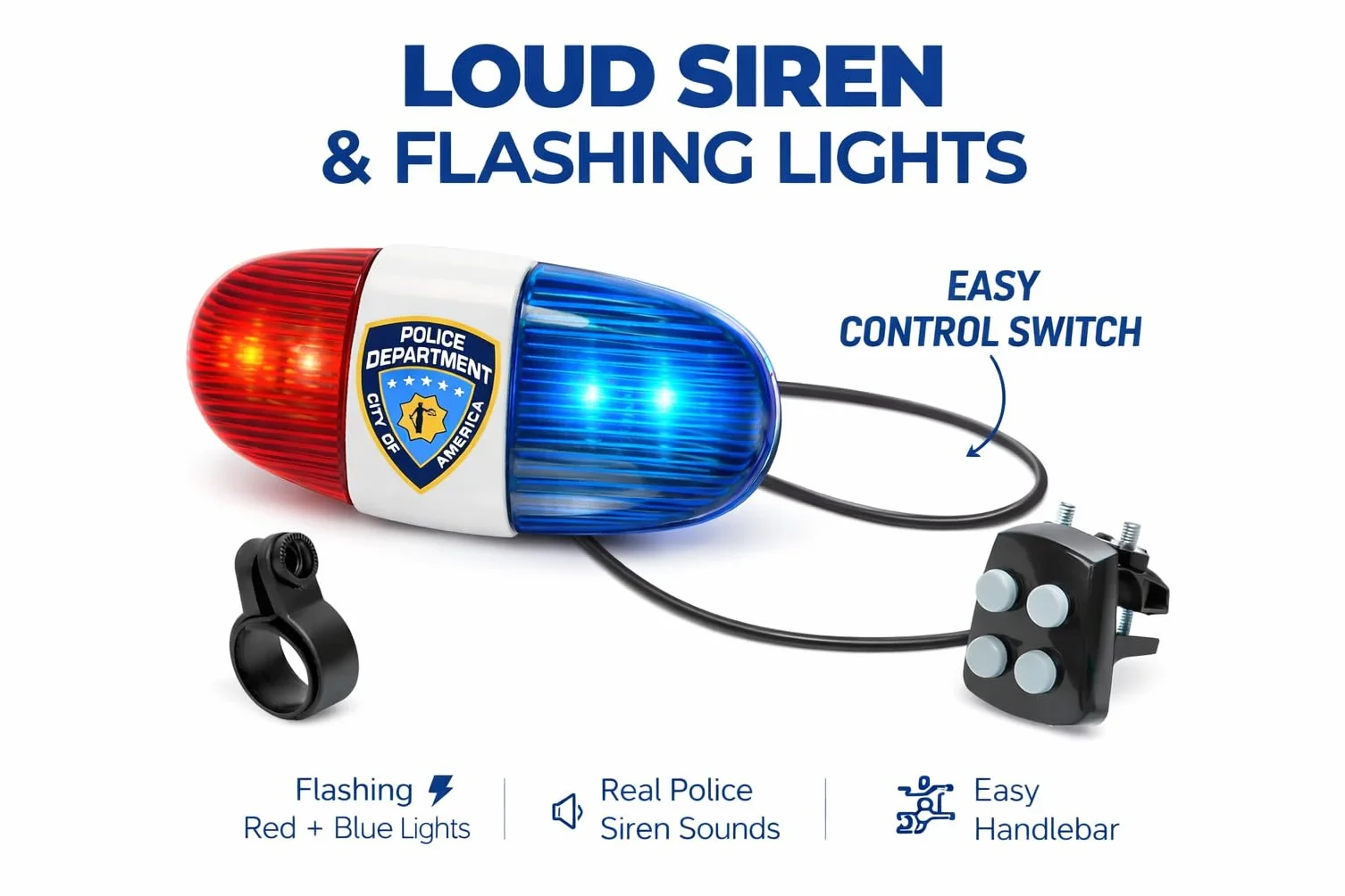 Kids Bike Tech światło LED - Police Dźwięk Światło Elektroniczny Horn - Bicycle Syrena, 5 LED 4 Dźwięki trąbki światło