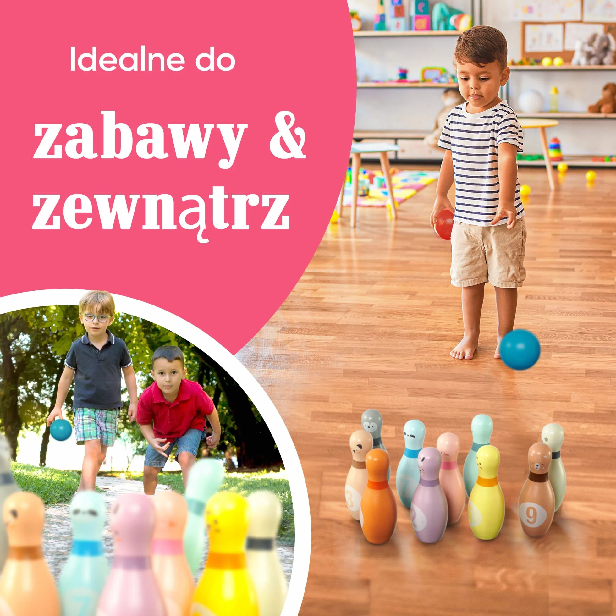 Pink Papaya Kręgle Drewniane dla Dzieci 12-Częściowy Zestaw