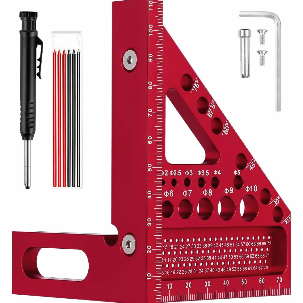Flintronic Kwadrat stolarski 3D, linijka pomiarowa kątowa ze stopu aluminium 22,5–90 stopni, 110 mm, wysoka precyzja, kwadratowa, z długopisami do obróbki drewna, dla inżynierów, stolarzy, czerwona