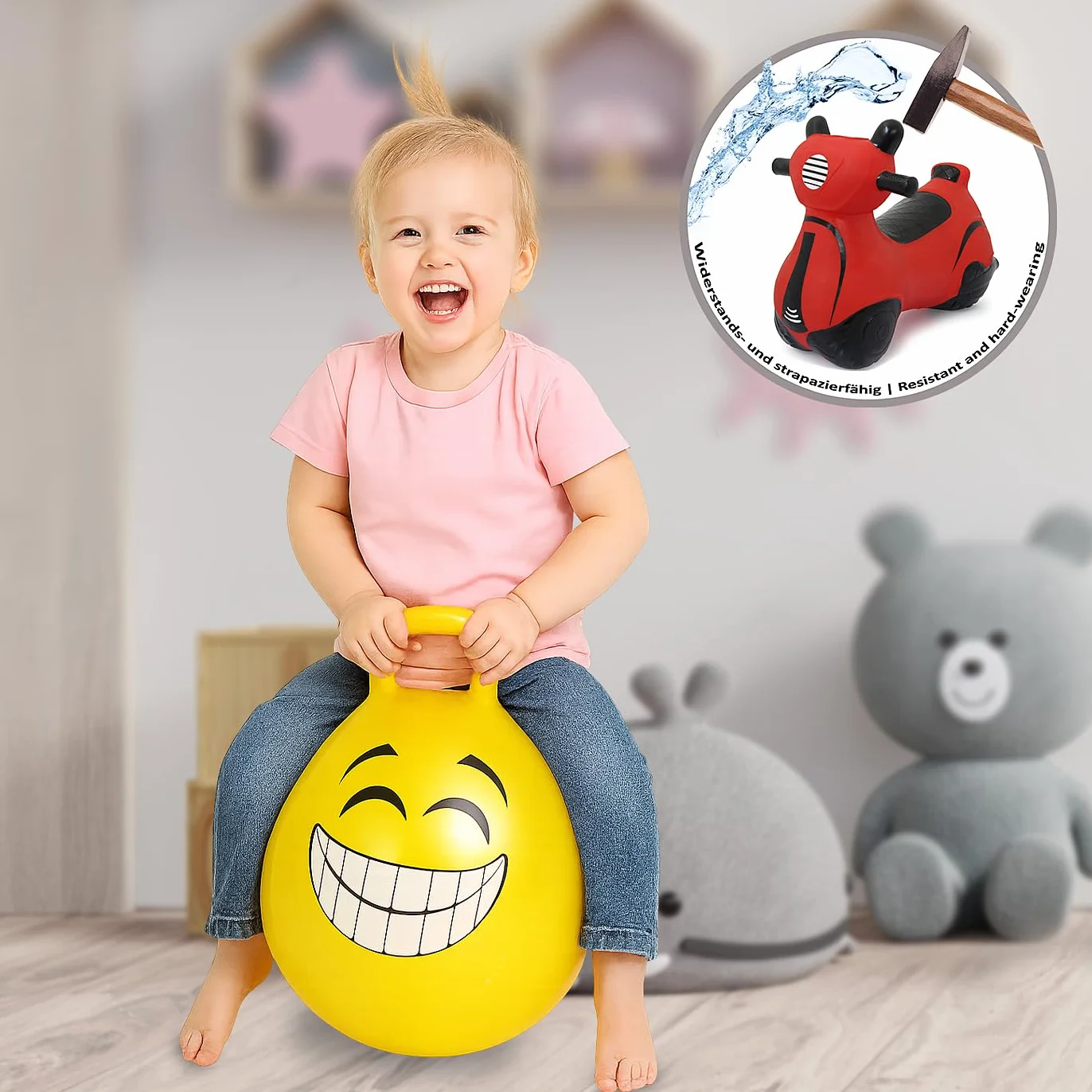 Jamara 460457 piłka do skakania Smile żółta, 450 mm – do 50 kg, wspomaga zmysł równowagi i motoryczne, wytrzymała i łatwa w utrzymaniu
