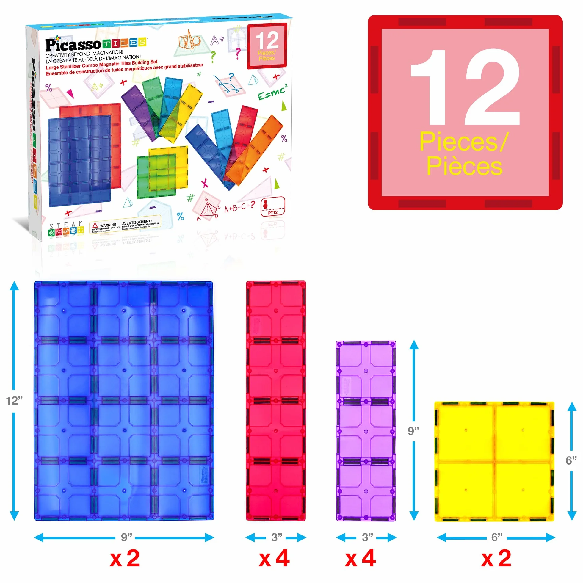 PicassoTiles Magnetyczne klocki budowlane 12 szt. Zestaw edukacyjny STEM Duża podstawa Jumbo XL