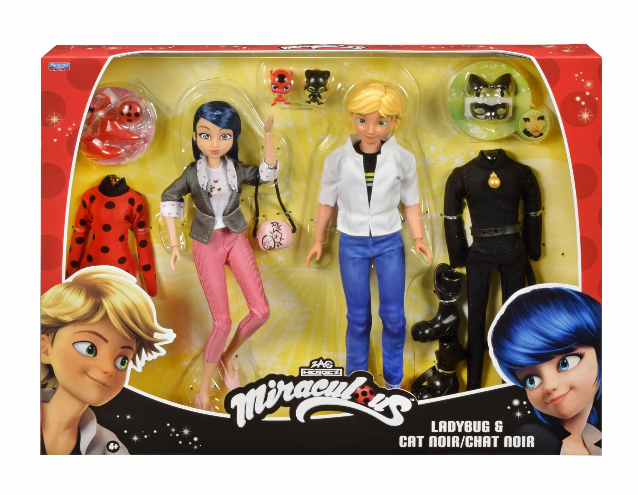 BANDAI Miraculous Zestaw 2 lalek Marinette i Adrien 26 cm z 2 strojami biedronki czarnego kota akcesoria