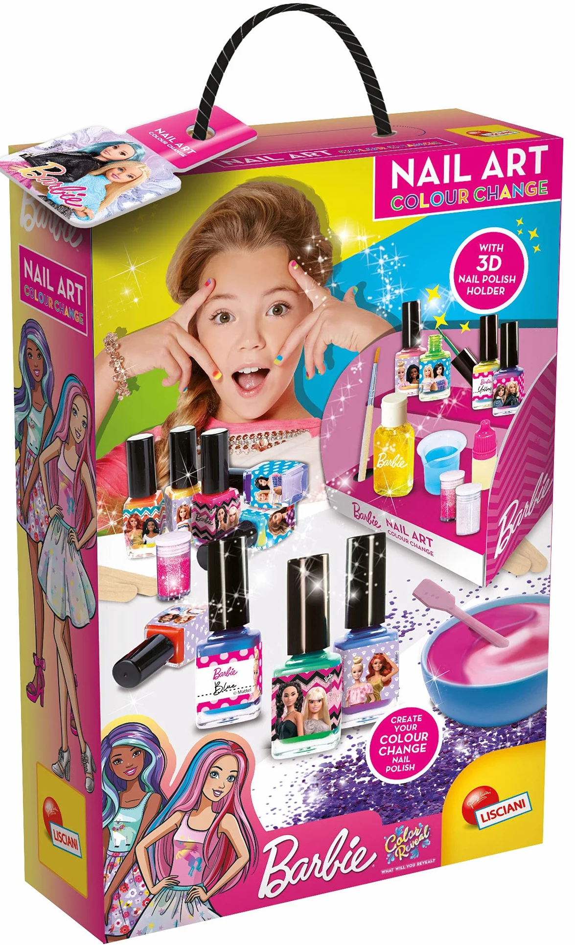 Lisciani Barbie zmieniający kolor lakieru do paznokci, zestaw kreatywny z pigmentami i brokatem