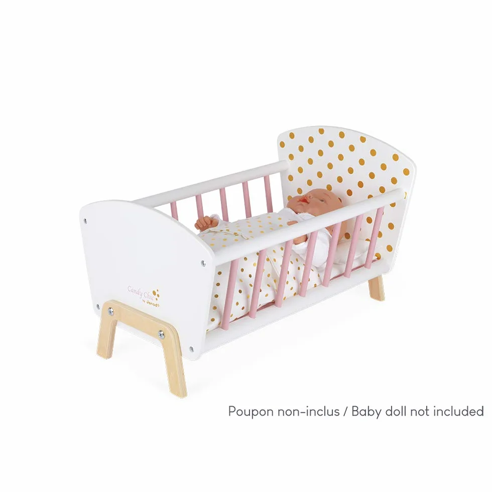 Janod - Candy Chic Bed - Wooden Baby Doll’S Bed with Mattress + Blanket + Pillow - Soft Shiny Colours - Accessories for Babies - from 3 Years Old, J05889