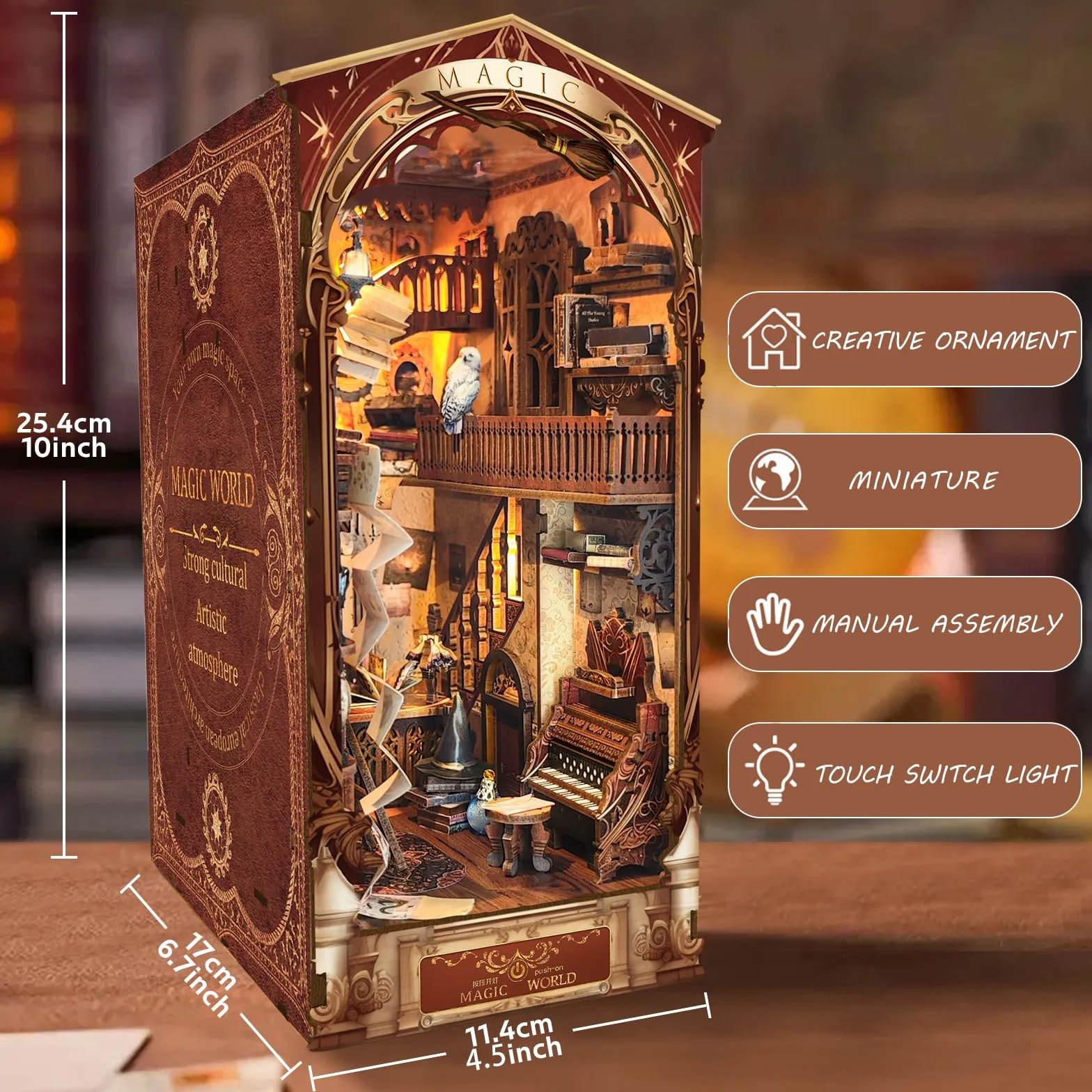 Kącik do książek DIY zestaw, MOJINO domek dla lalek drewniany narożnik do książek miniaturowy zestaw domowy z meblami i światłem LED magiczny świat puzzle 3D drewniane (magiczny świat)