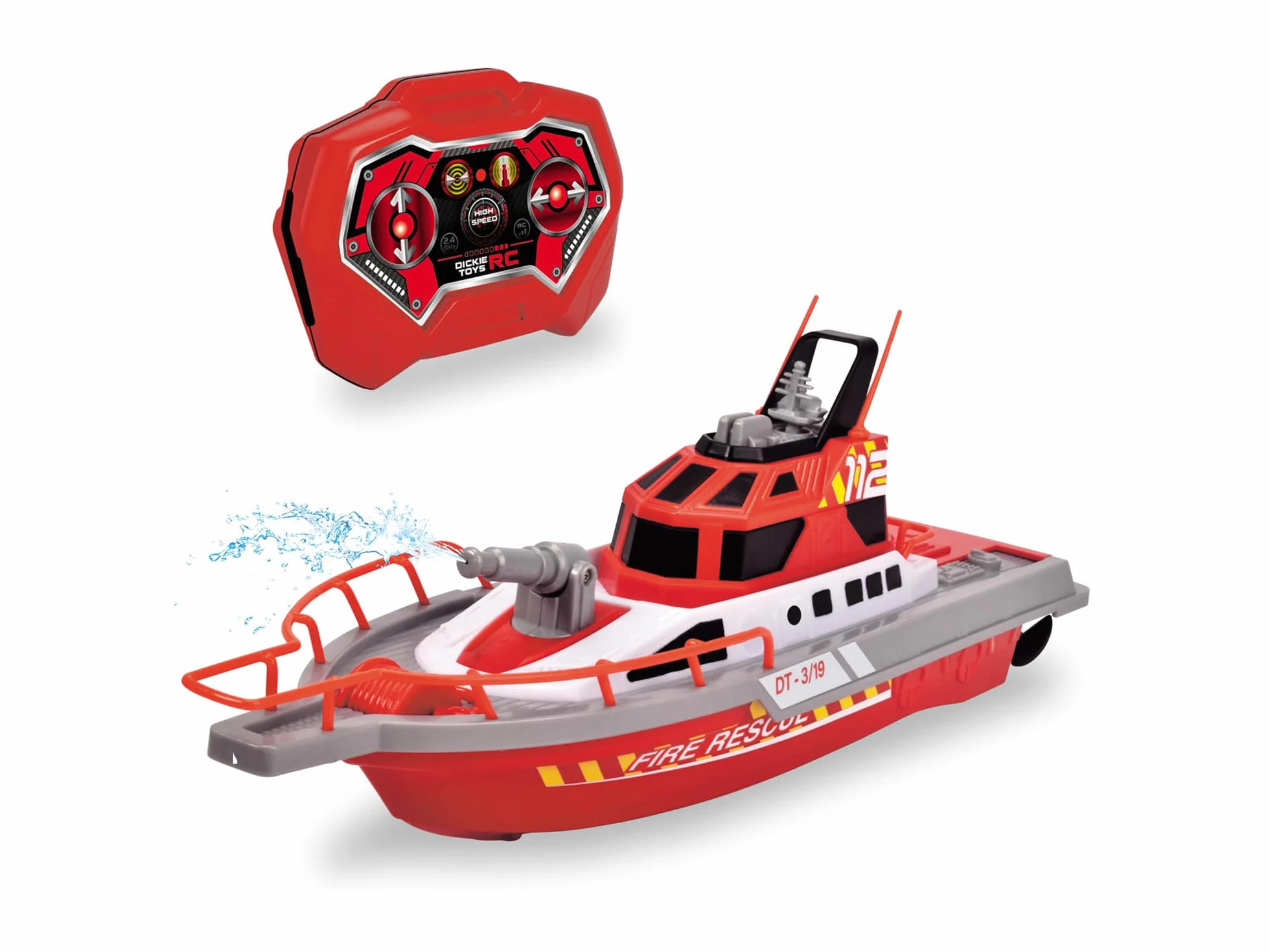 Dickie Toys Łódź Zdalnie Sterowana, Motorówka Straż pożarna 38 cm, wodoszczelna, prędkość 3 km/h, rozpylanie wody, zabawka wodna zdalne sterowanie łódką na basenie, nad jezioro, dla dzieci od 6 lat