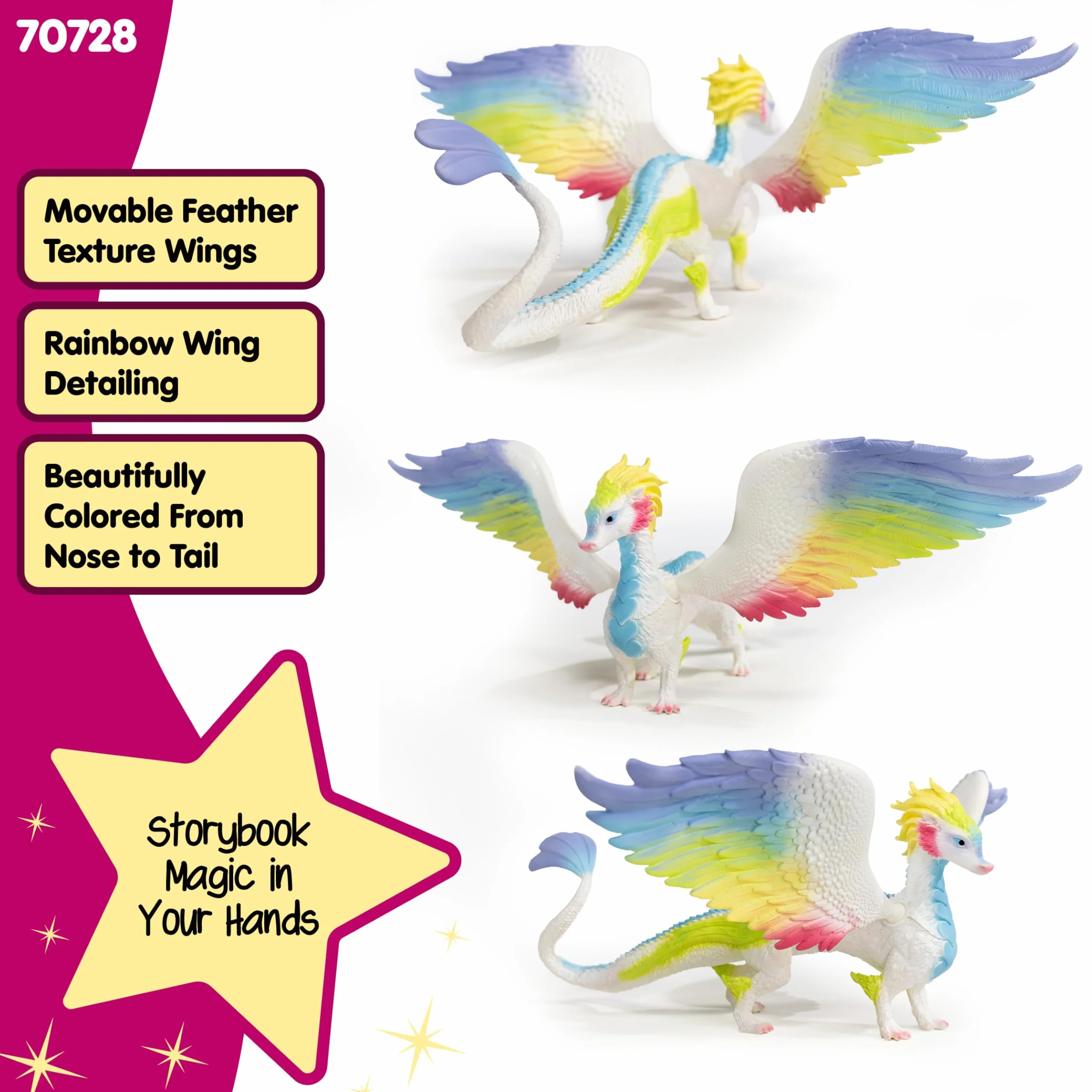 schleich BAYALA | Smok Tęczowy 70728 | Szczegółowa figurka z ruchomymi, kolorowymi skrzydłami | Dekoracja i figurka kolekcjonerska | Prezent dla dzieci | Zabawka od 5 lat | 34 x 23 x 11 cm