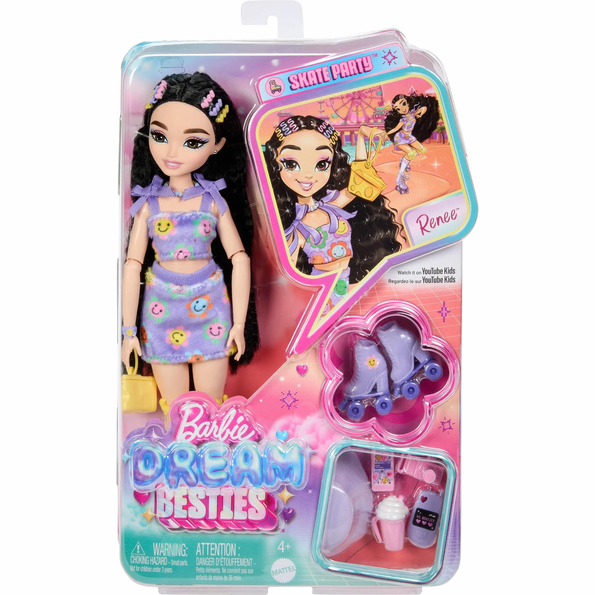 Barbie Dream Besties Lalka Renee na wrotkach do ustawiania w różnych pozach, z czarnymi włosami, wrotkami i akcesoriami, zestaw, zabawka dla dzieci od 4 roku życia, JFX99