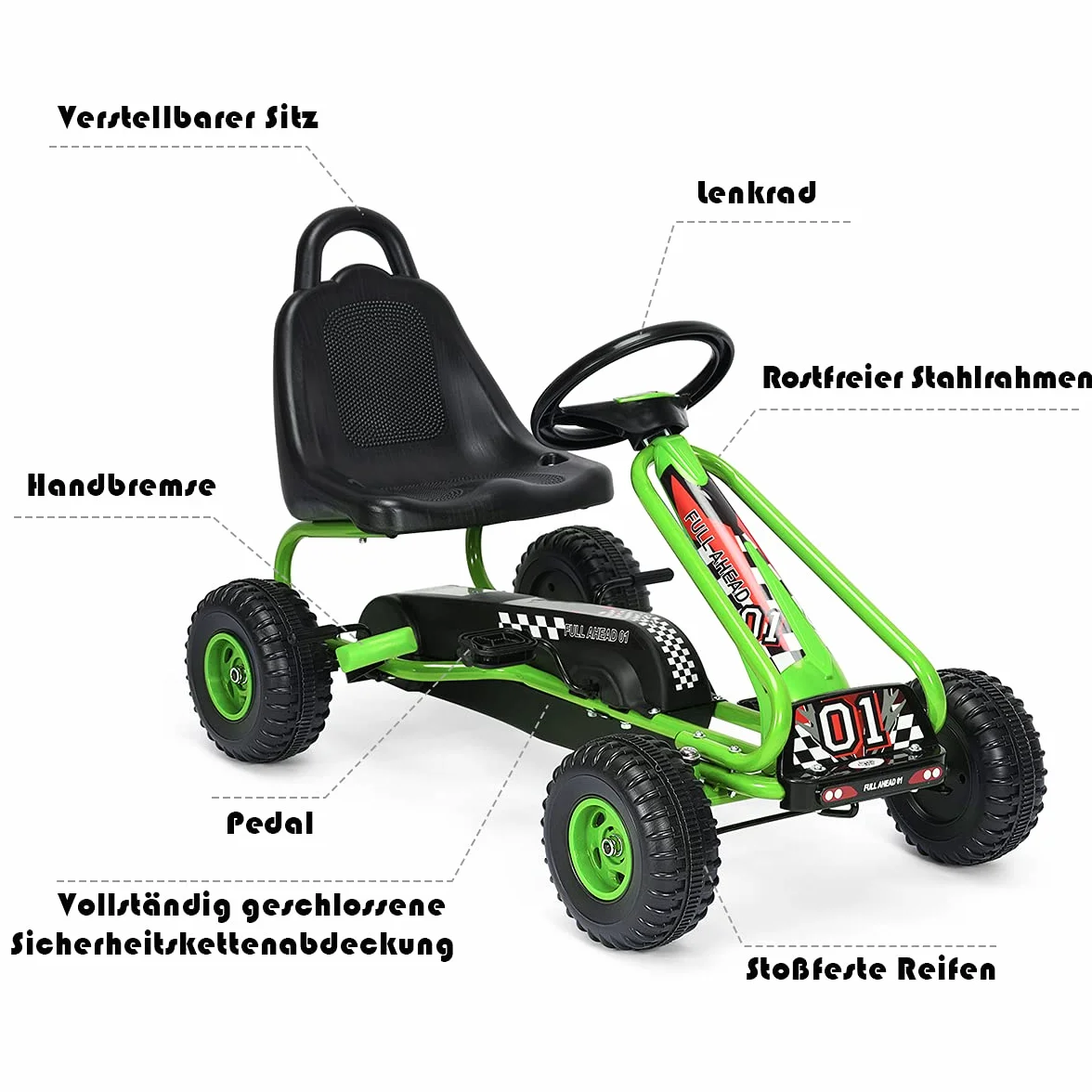 COSTWAY Gokart z regulowanym siedziskiem, hamulec ręczny, obciążenie 30 kg, dla dzieci od 3 lat (zielony)