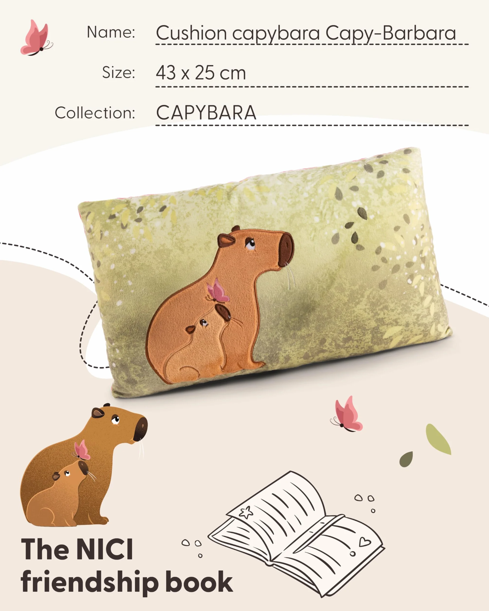 NICI poduszka przytulanka Capybara Capy-Barbara 43 x 25 cm - Puszysta poduszka przytulanka Capybara dla dziewczynek, chłopców i niemowląt, prostokątna poduszka pluszowa - 61226